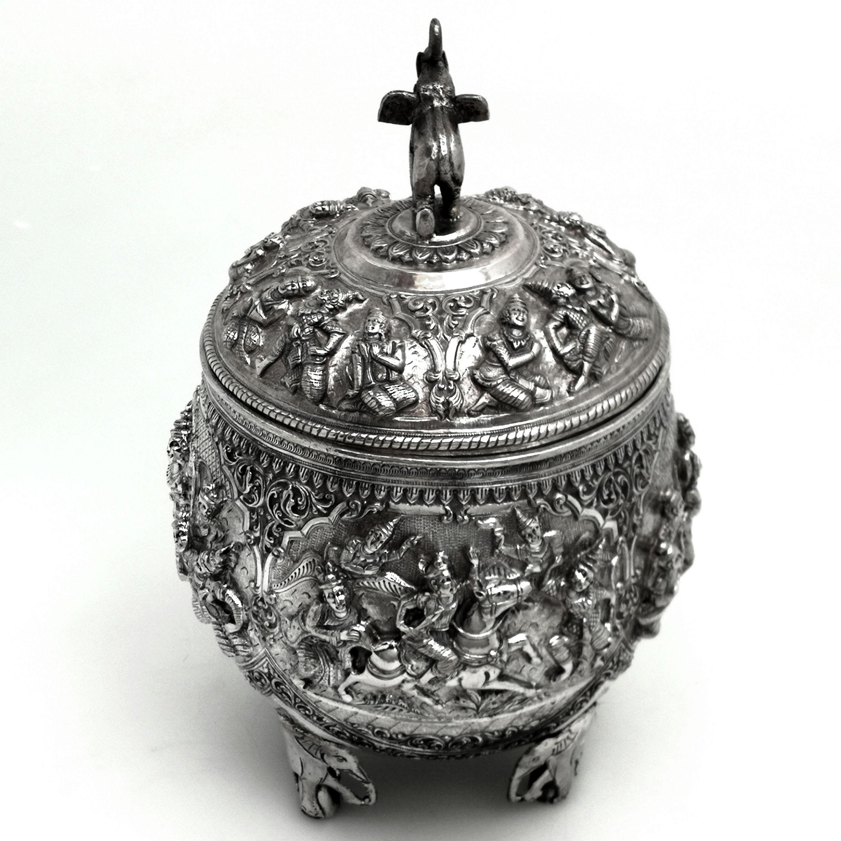19th Century Antique Burmese Solid Silver Box / Covered Bowl & Lid circa 1890 Burma / Myanmar