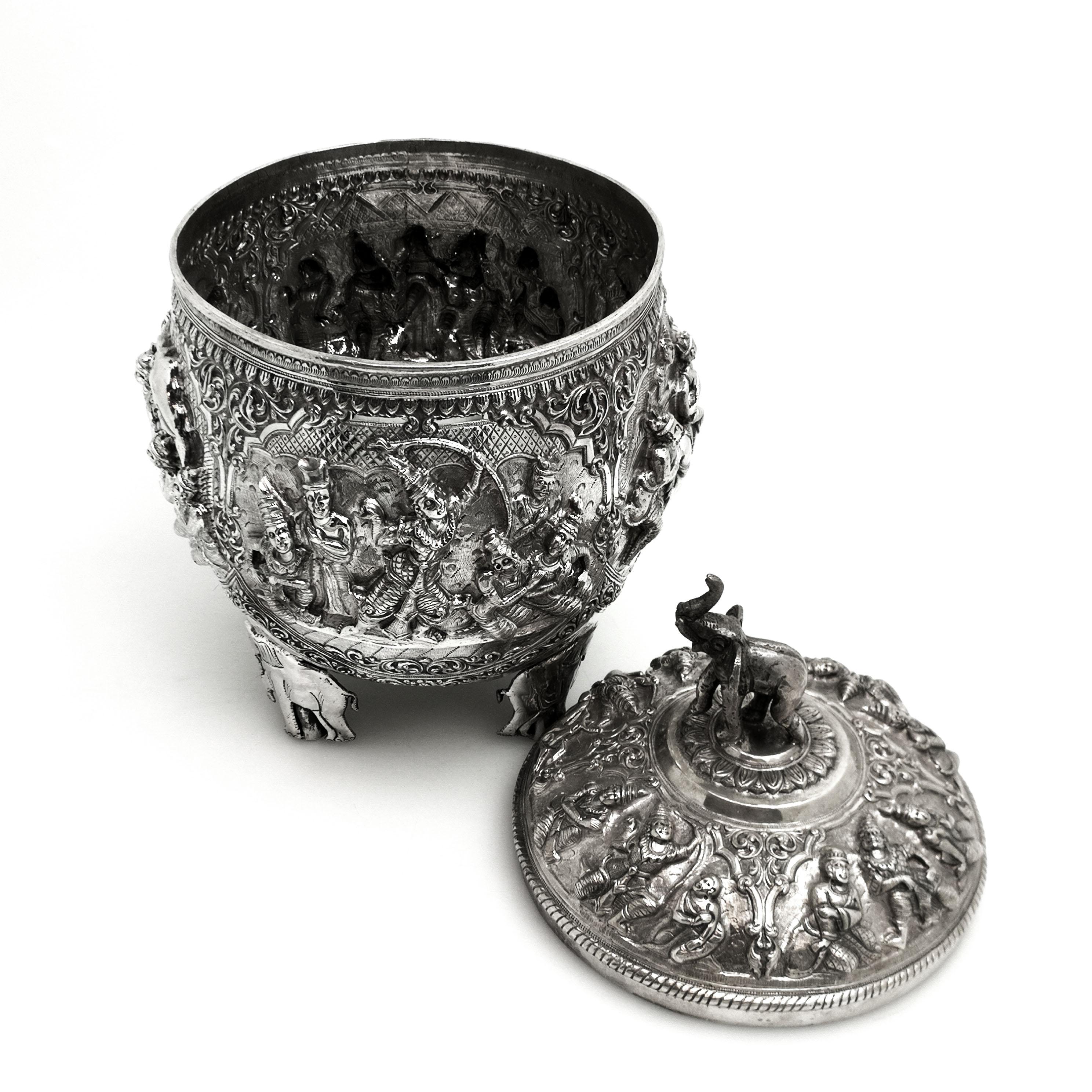 Antique Burmese Solid Silver Box / Covered Bowl & Lid circa 1890 Burma / Myanmar 2