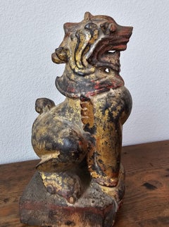 Antique Burmese Southeast Asian Foo Dog Lion Carved Wood Gilt Lacquer Figure