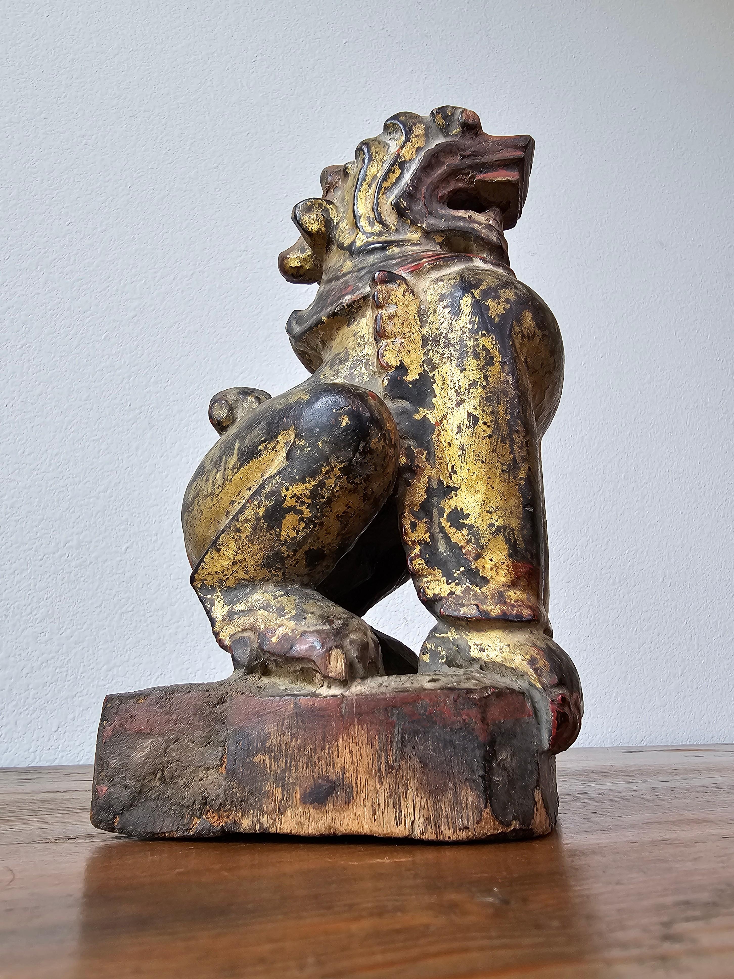 Antique Burmese Southeast Asian Foo Dog Lion Carved Wood Gilt Lacquer Figure 14