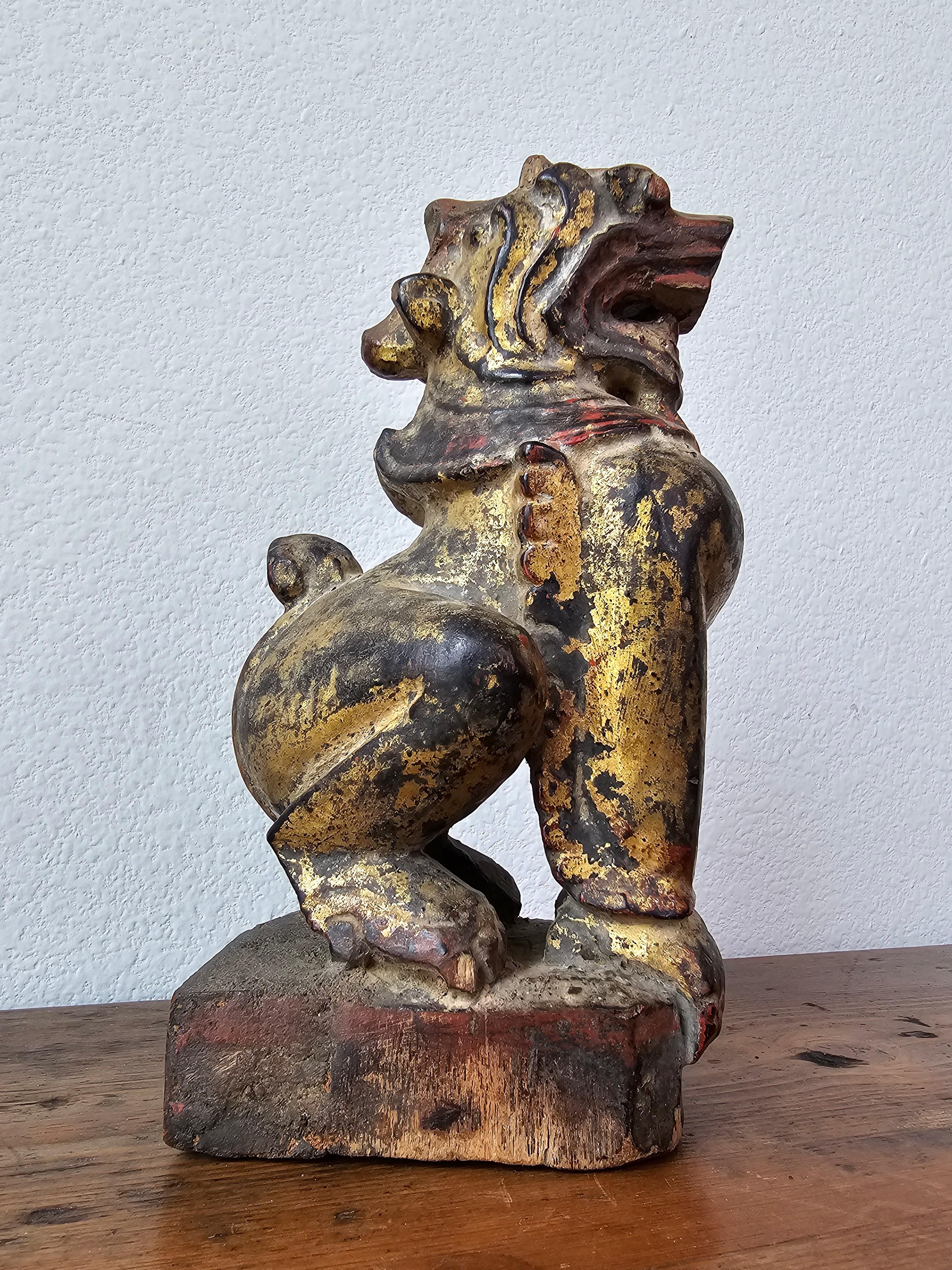 Hand-Carved Antique Burmese Southeast Asian Foo Dog Lion Carved Wood Gilt Lacquer Figure