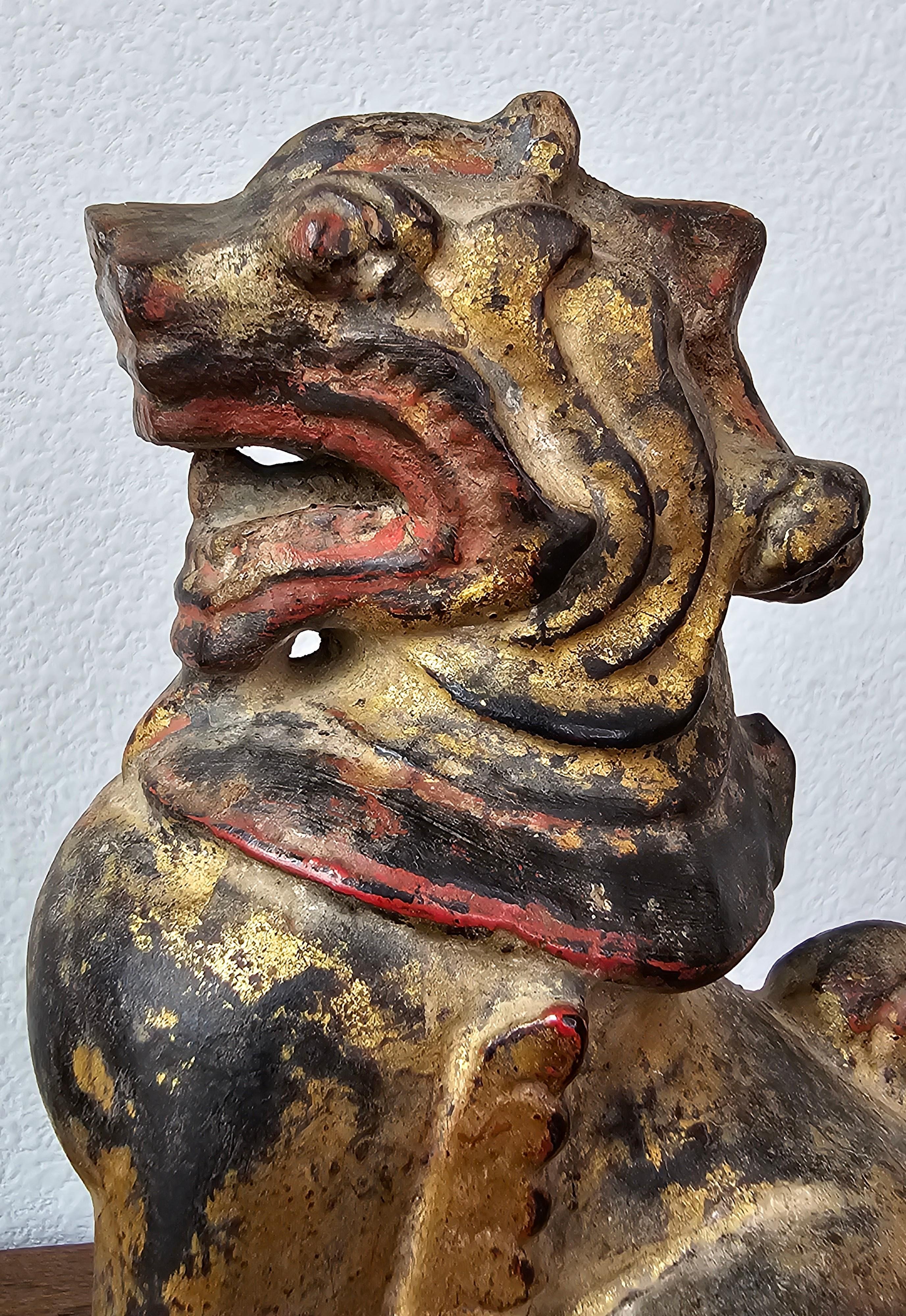 Antique Burmese Southeast Asian Foo Dog Lion Carved Wood Gilt Lacquer Figure In Good Condition In Forney, TX