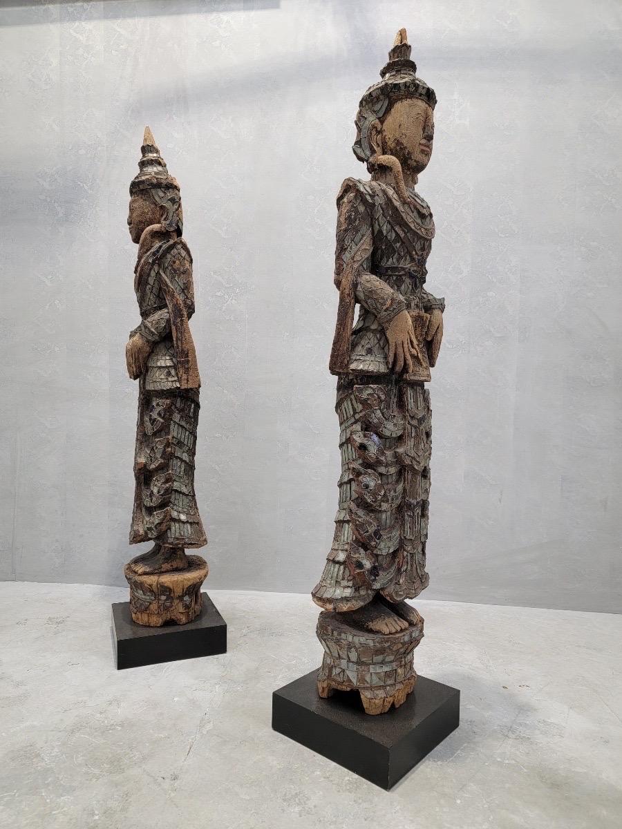 Antique Burmese Monastic Statues w/ Lacquered Wood & Inlaid Glass - Pair For Sale 6