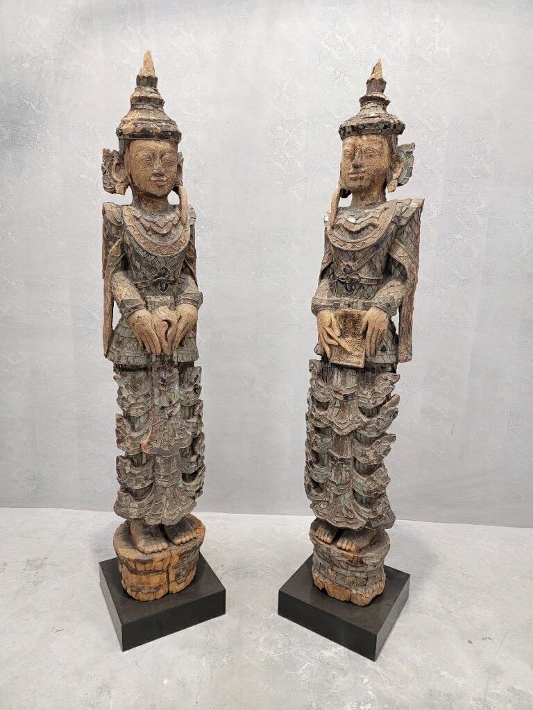 Antique Burmese Tall Monastic Attendant Statues w/ Lacquered Wood & Inlaid Glass For Sale 7