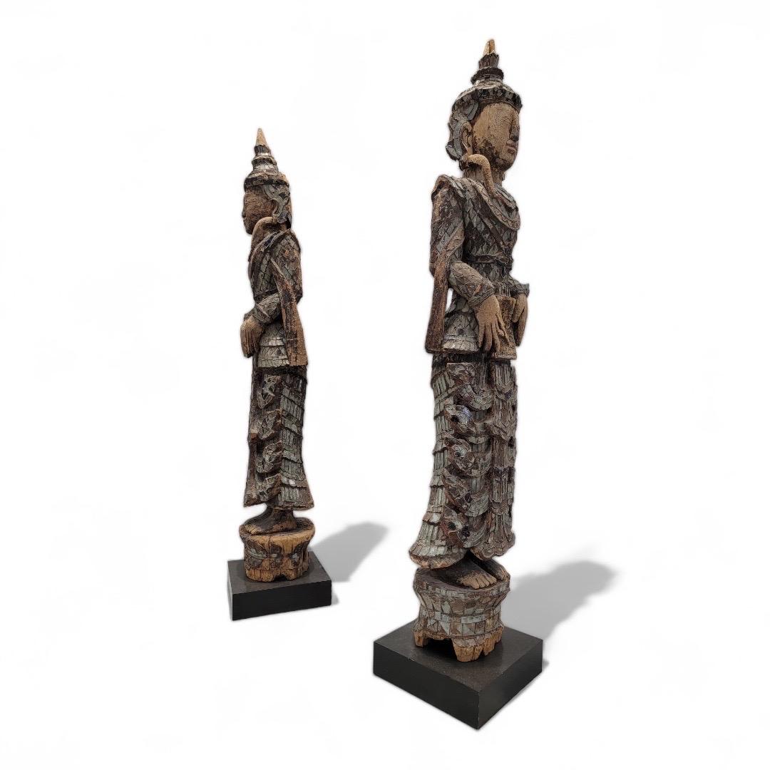 Antique Burmese Tall Monastic Attendant Statues w/ Lacquered Wood & Inlaid Glass For Sale 12