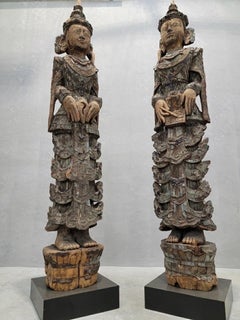 Antique Burmese Monastic Statues w/ Lacquered Wood & Inlaid Glass - Pair