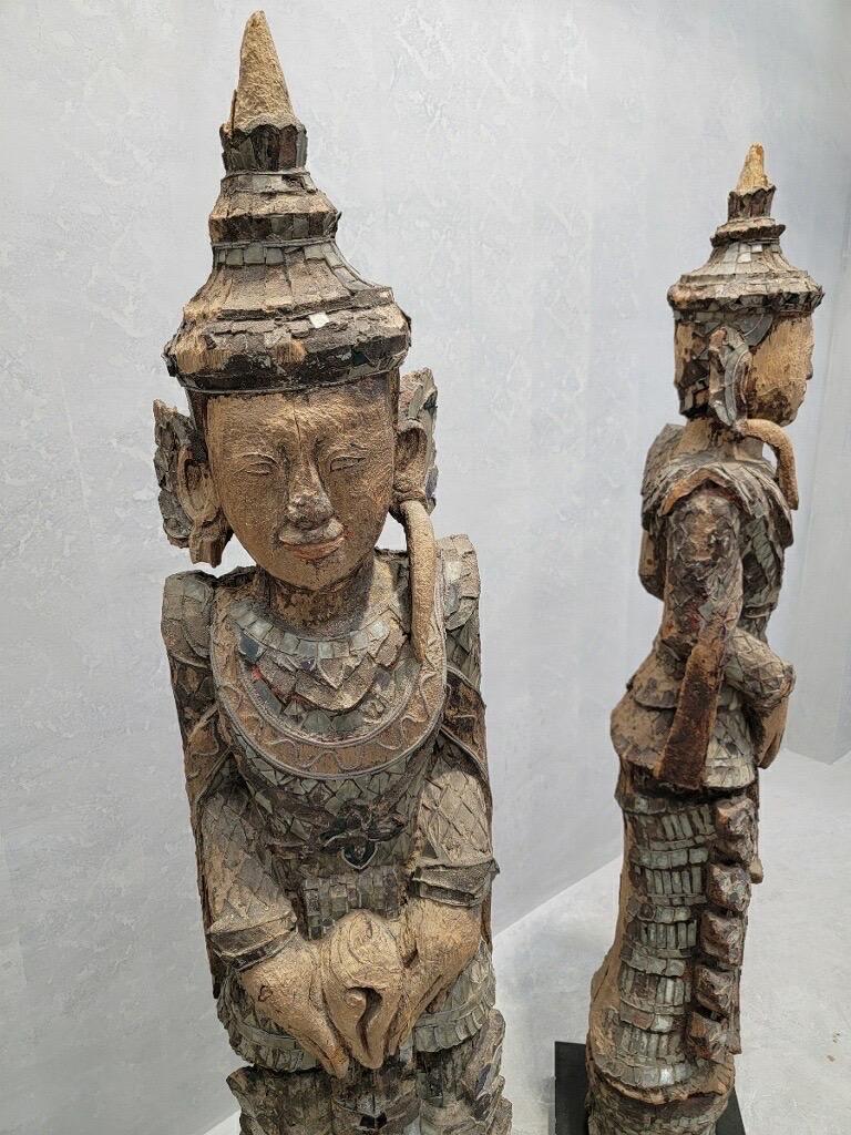 Rustic Antique Burmese Tall Monastic Attendant Statues w/ Lacquered Wood & Inlaid Glass For Sale