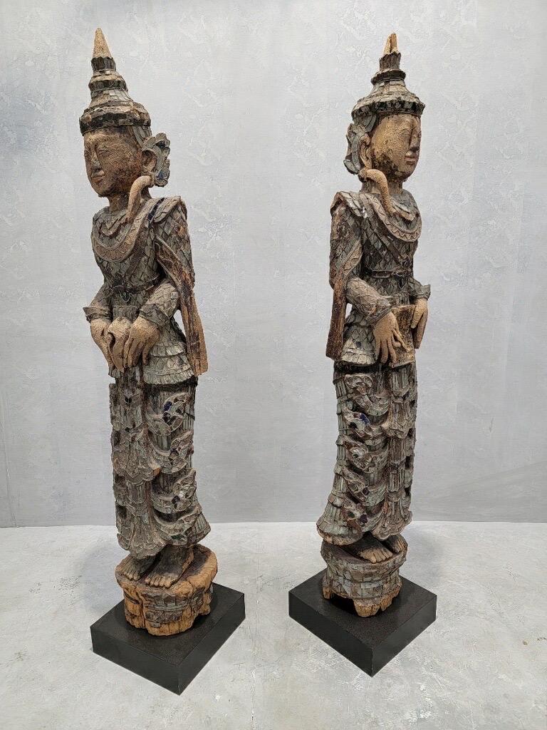 Antique Burmese Tall Monastic Attendant Statues w/ Lacquered Wood & Inlaid Glass In Good Condition For Sale In Chicago, IL