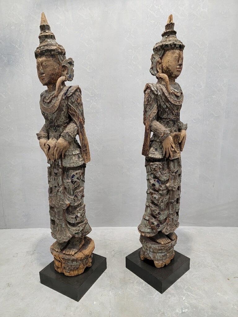 Antique Burmese Monastic Statues w/ Lacquered Wood & Inlaid Glass - Pair In Good Condition For Sale In Chicago, IL