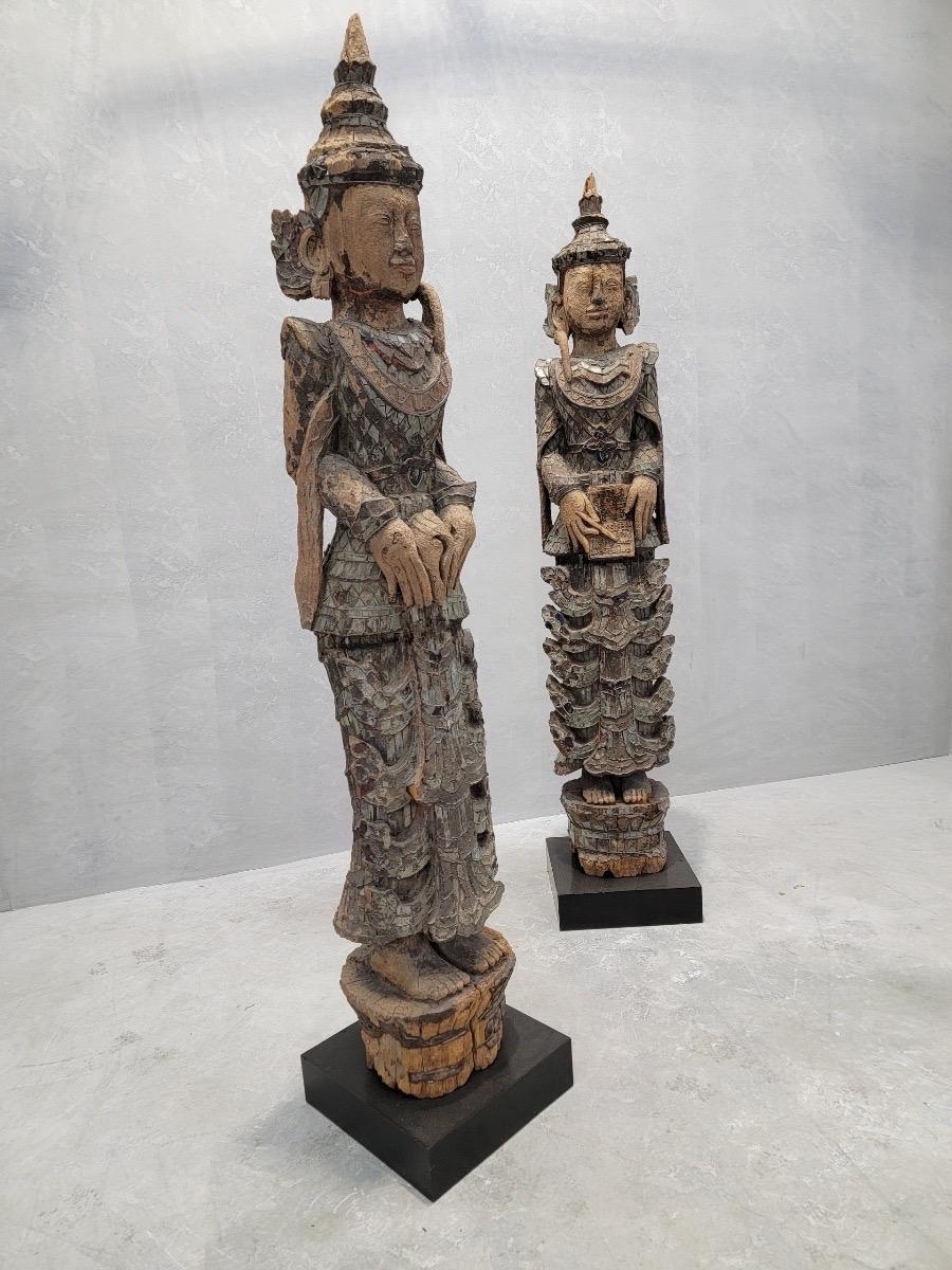 Antique Burmese Tall Monastic Attendant Statues w/ Lacquered Wood & Inlaid Glass For Sale 2