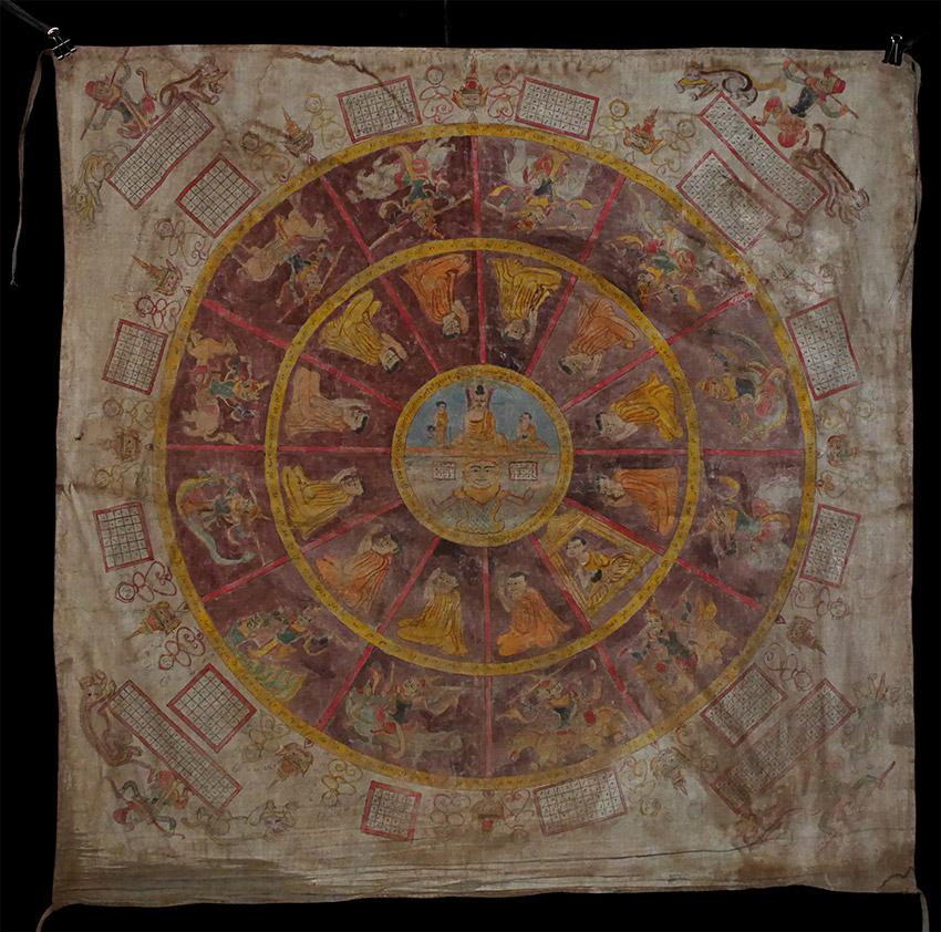 Antique Burmese temple drawing. A mix of Buddhist and astrological. 32 x 31.5 inches. These are very hard to find now. Early/Mid 20thC. Any older and they disintegrate from the intense heat and humidity. Would look great flattened and framed, 7629.