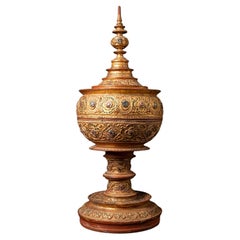 Antique Burmese Wooden Offering Vessel: Gilded Masterpiece from the 19th Century