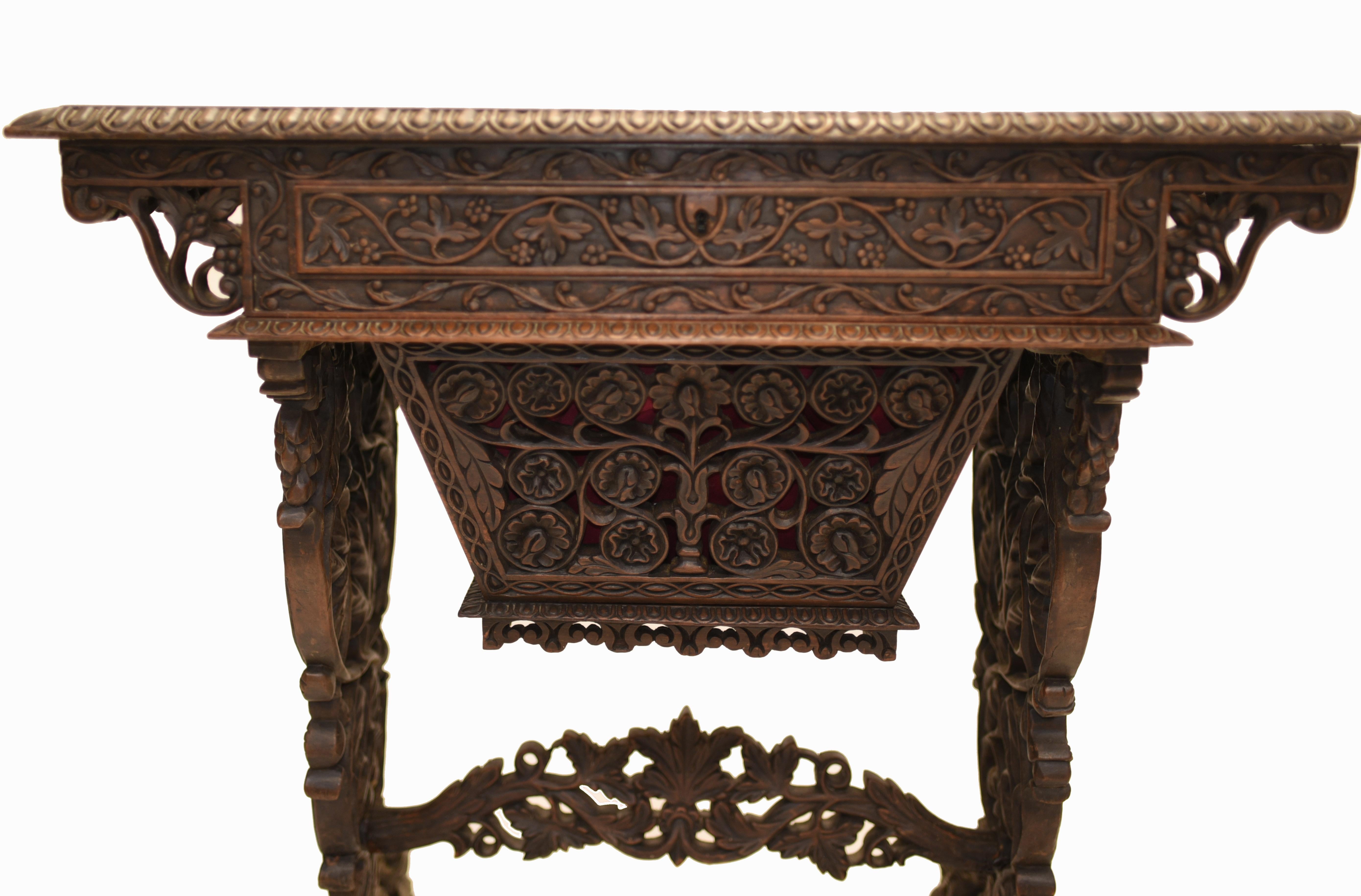 - Amazing hand carved antique Burmese writing table or desk
- Hopefully the photos illustrate the amazingly detailed hand carved features
- Typical of Burmese furniture, carved from hardwood
- Large drawer opens out below to reveal lots of
