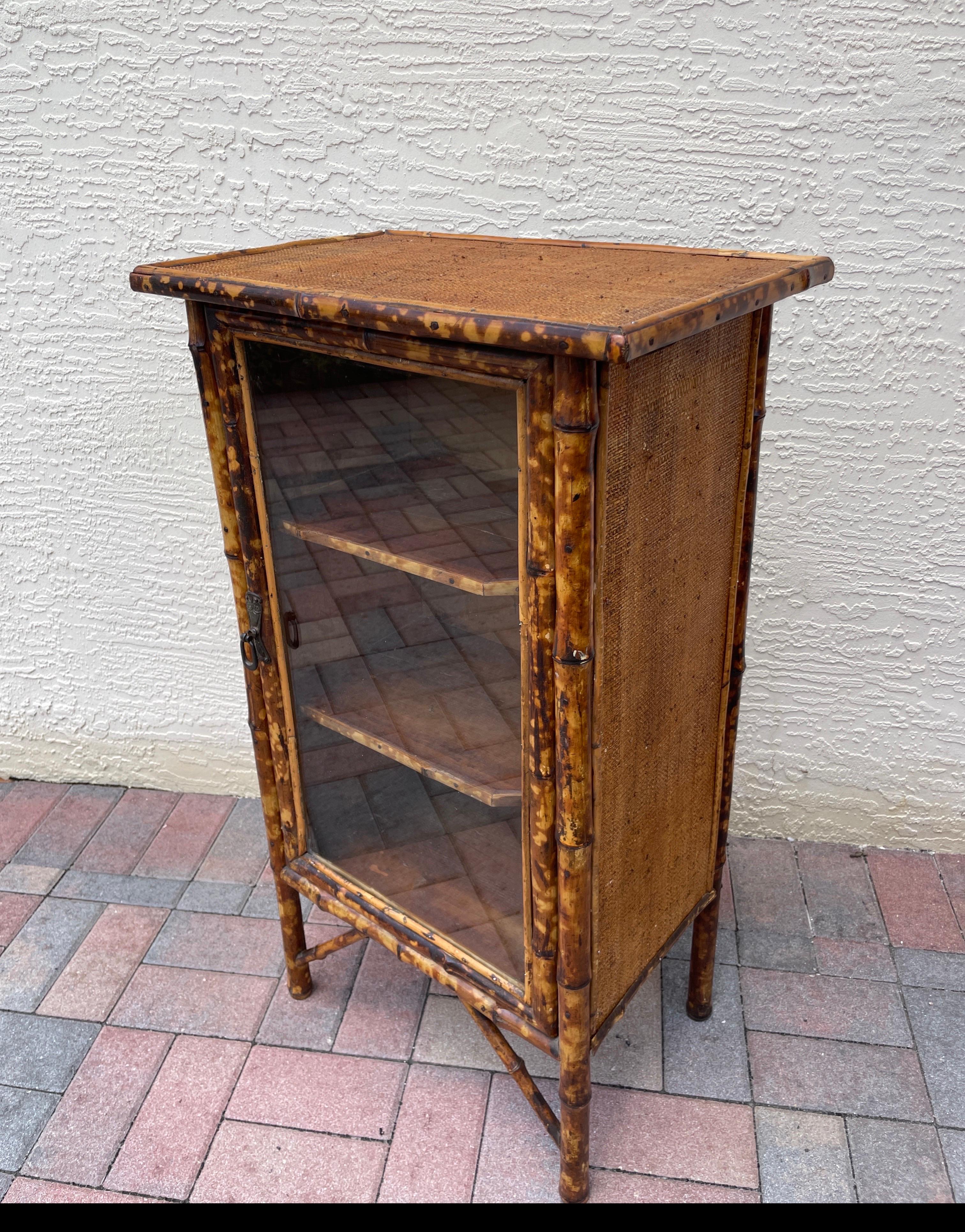 Antique Burnt Bamboo Cabinet with Glass Door For Sale 7