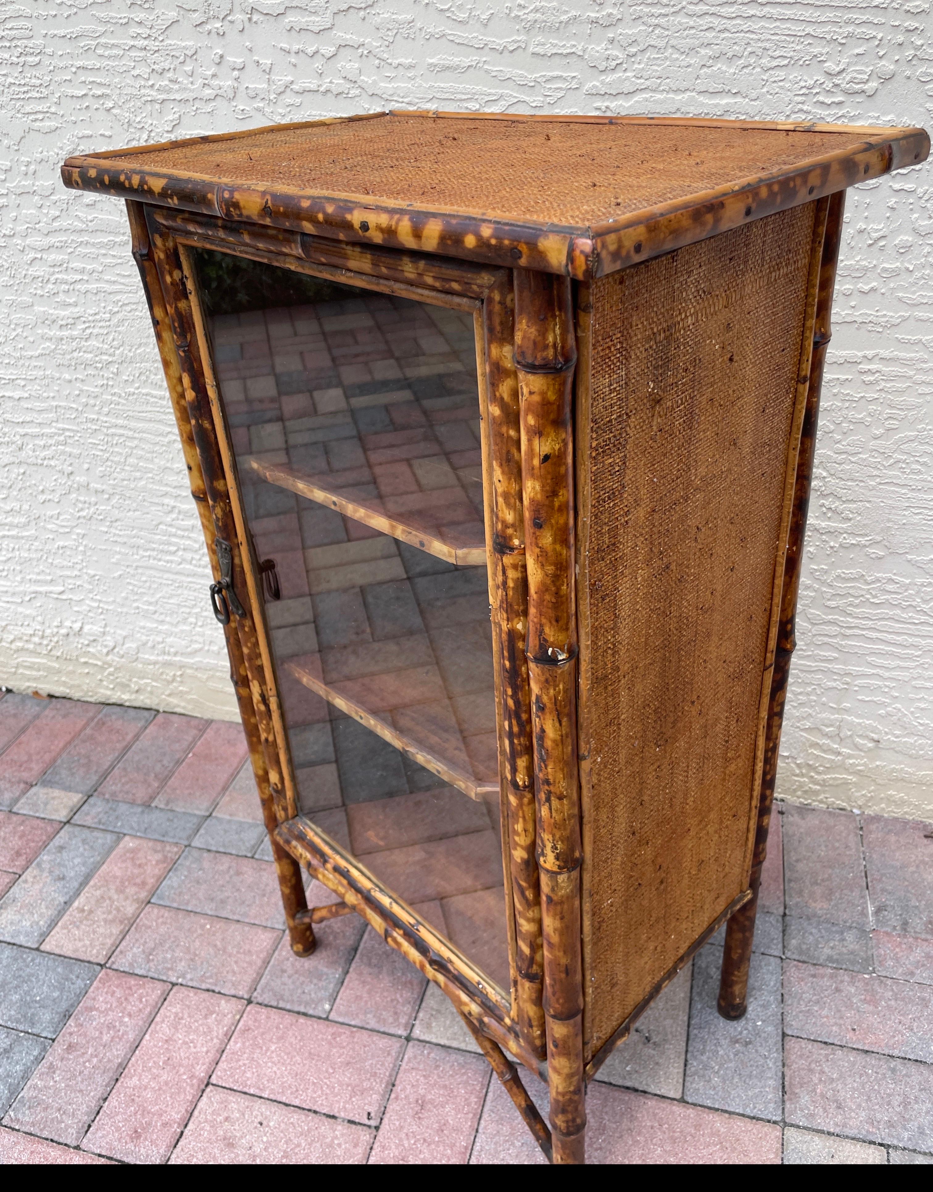 Antique Burnt Bamboo Cabinet with Glass Door For Sale 8
