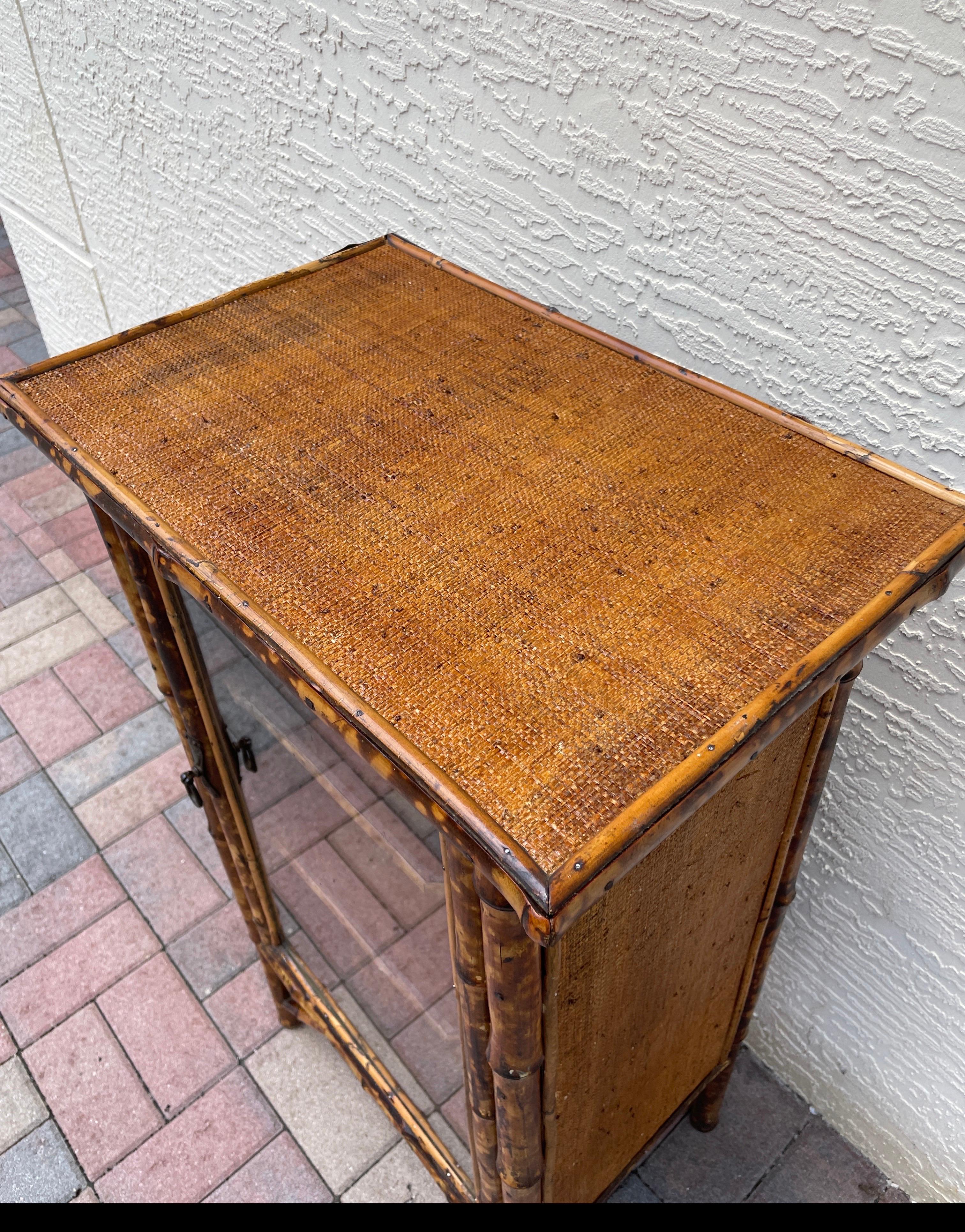 English Antique Burnt Bamboo Cabinet with Glass Door For Sale