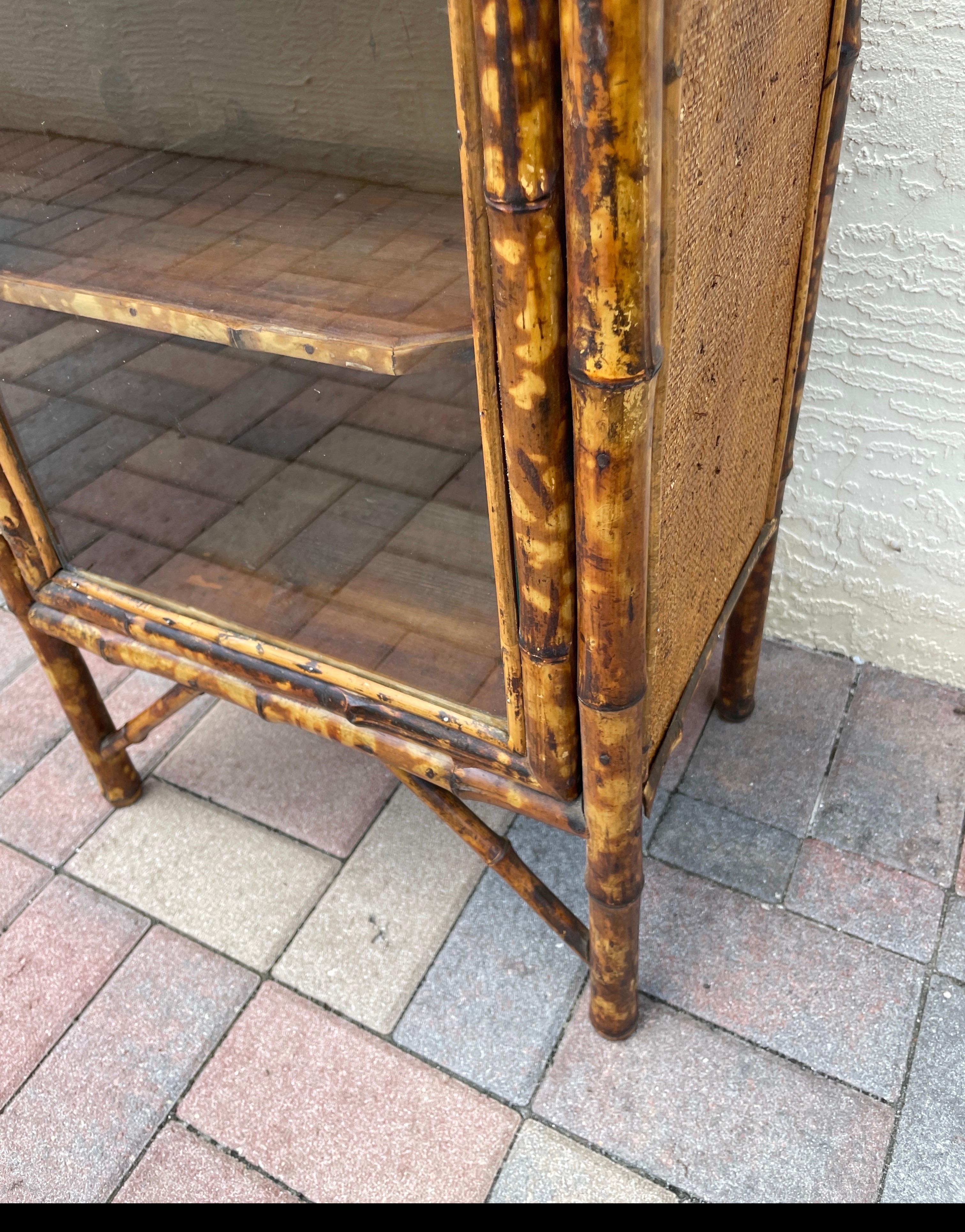 Antique Burnt Bamboo Cabinet with Glass Door In Good Condition For Sale In West Palm Beach, FL