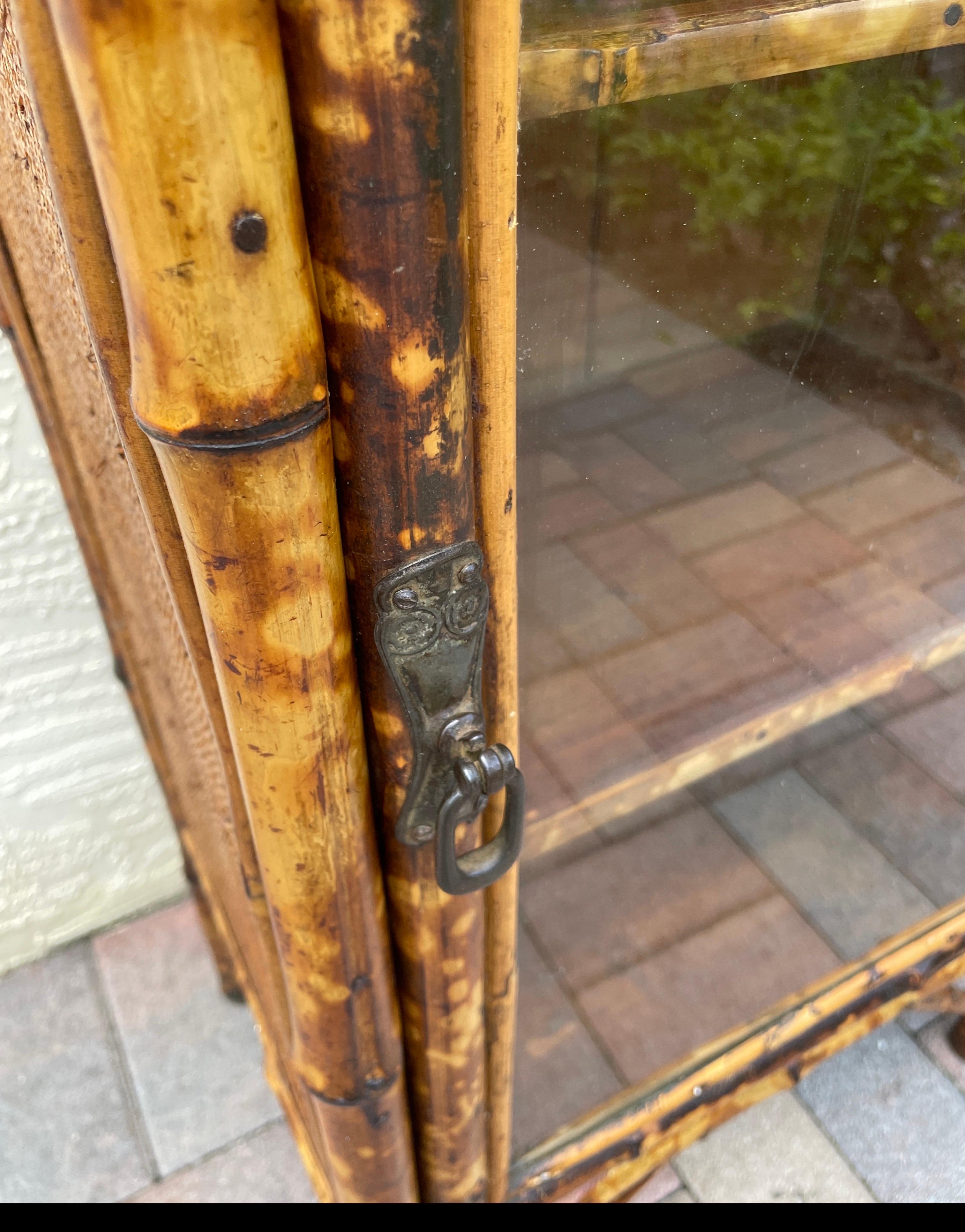 19th Century Antique Burnt Bamboo Cabinet with Glass Door For Sale