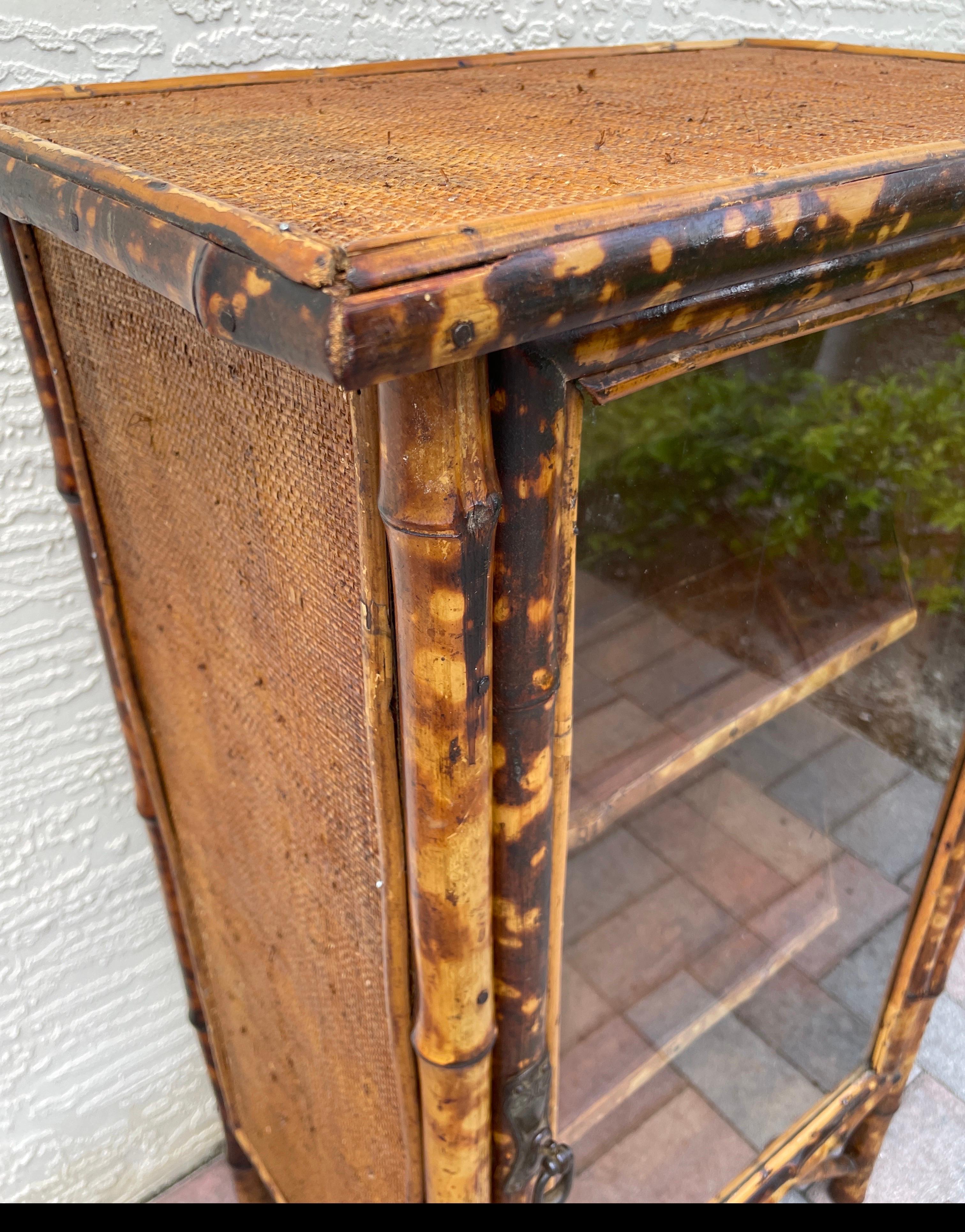 Antique Burnt Bamboo Cabinet with Glass Door For Sale 1
