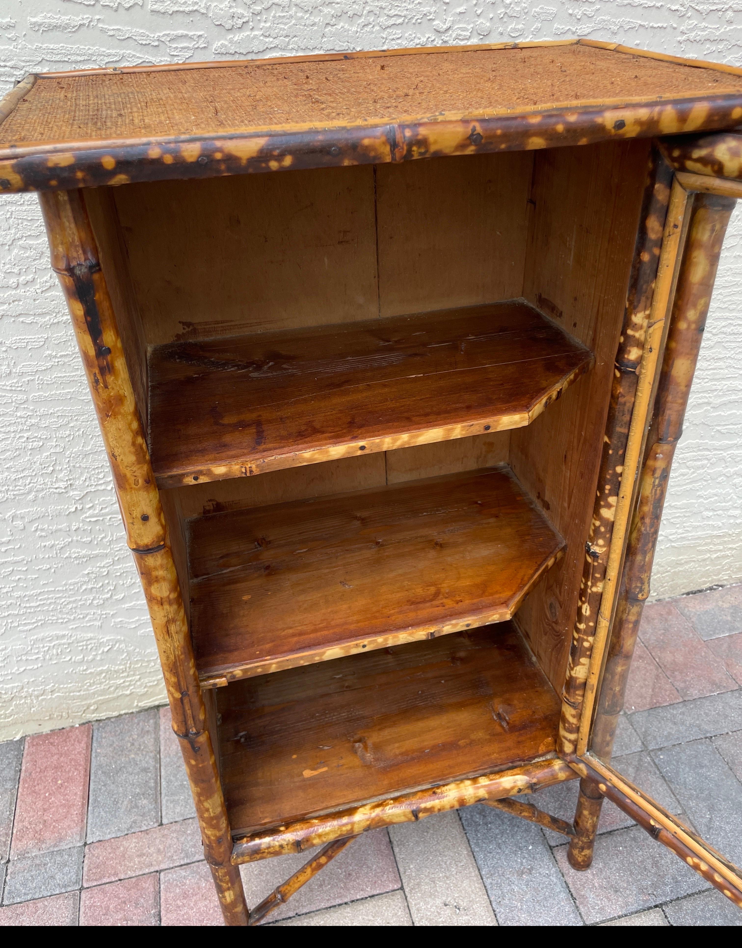Antique Burnt Bamboo Cabinet with Glass Door For Sale 3