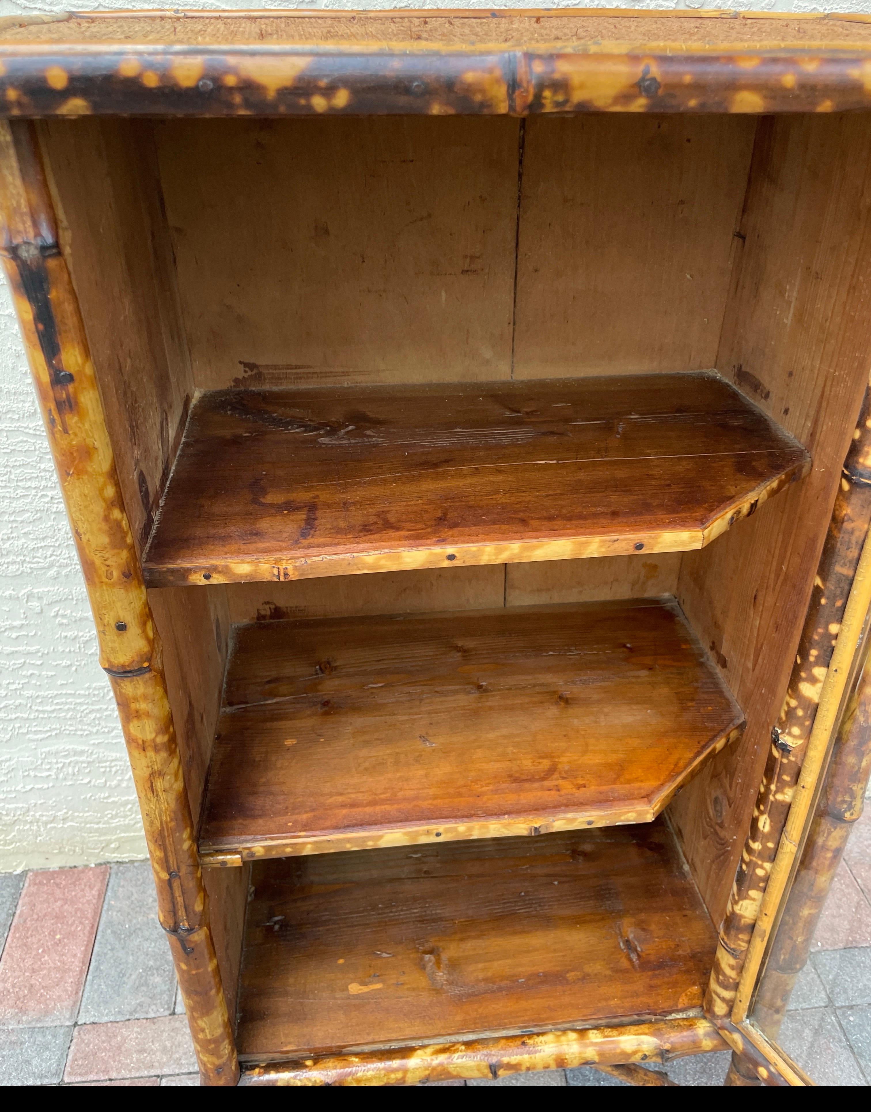 Antique Burnt Bamboo Cabinet with Glass Door For Sale 4