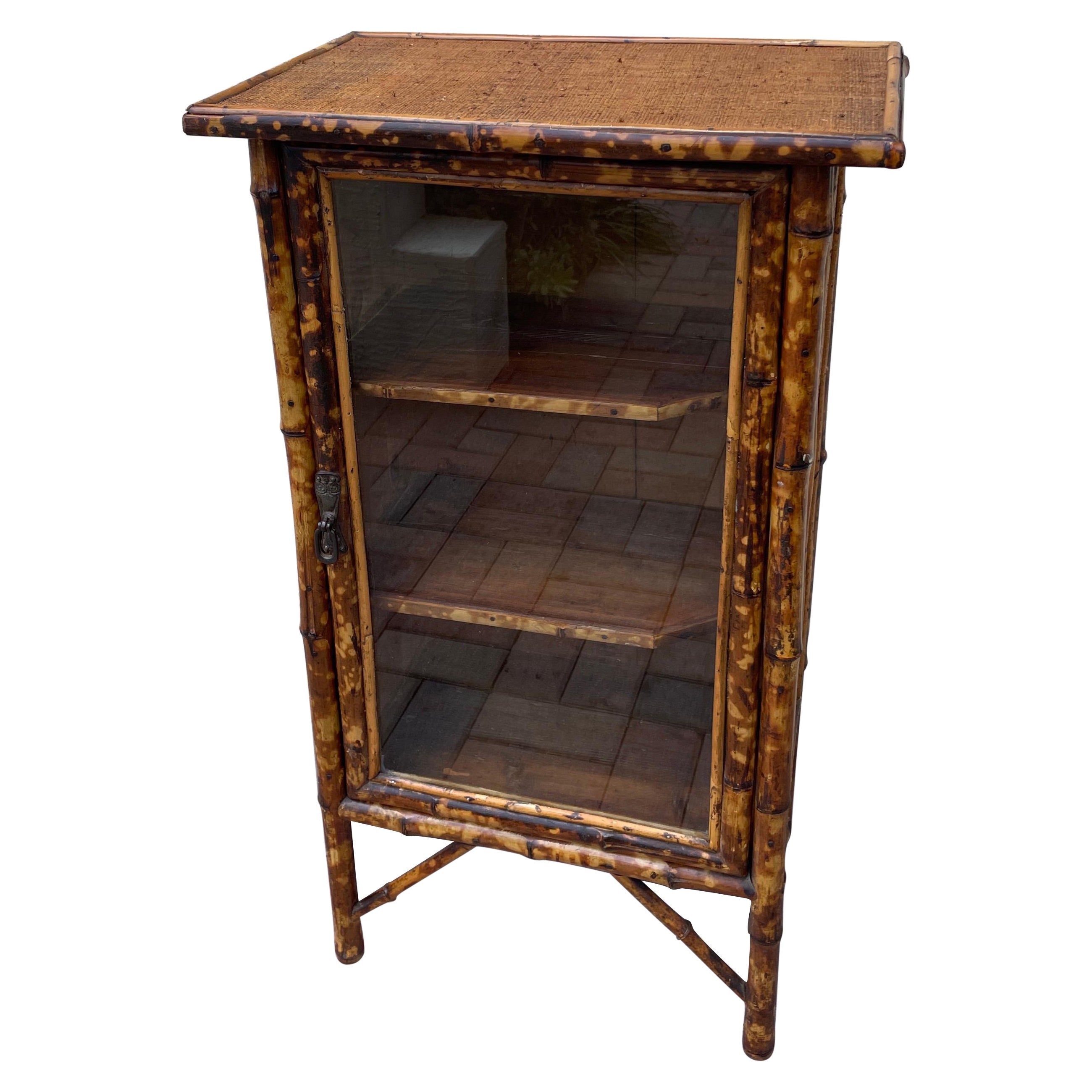 Antique Burnt Bamboo Cabinet with Glass Door For Sale
