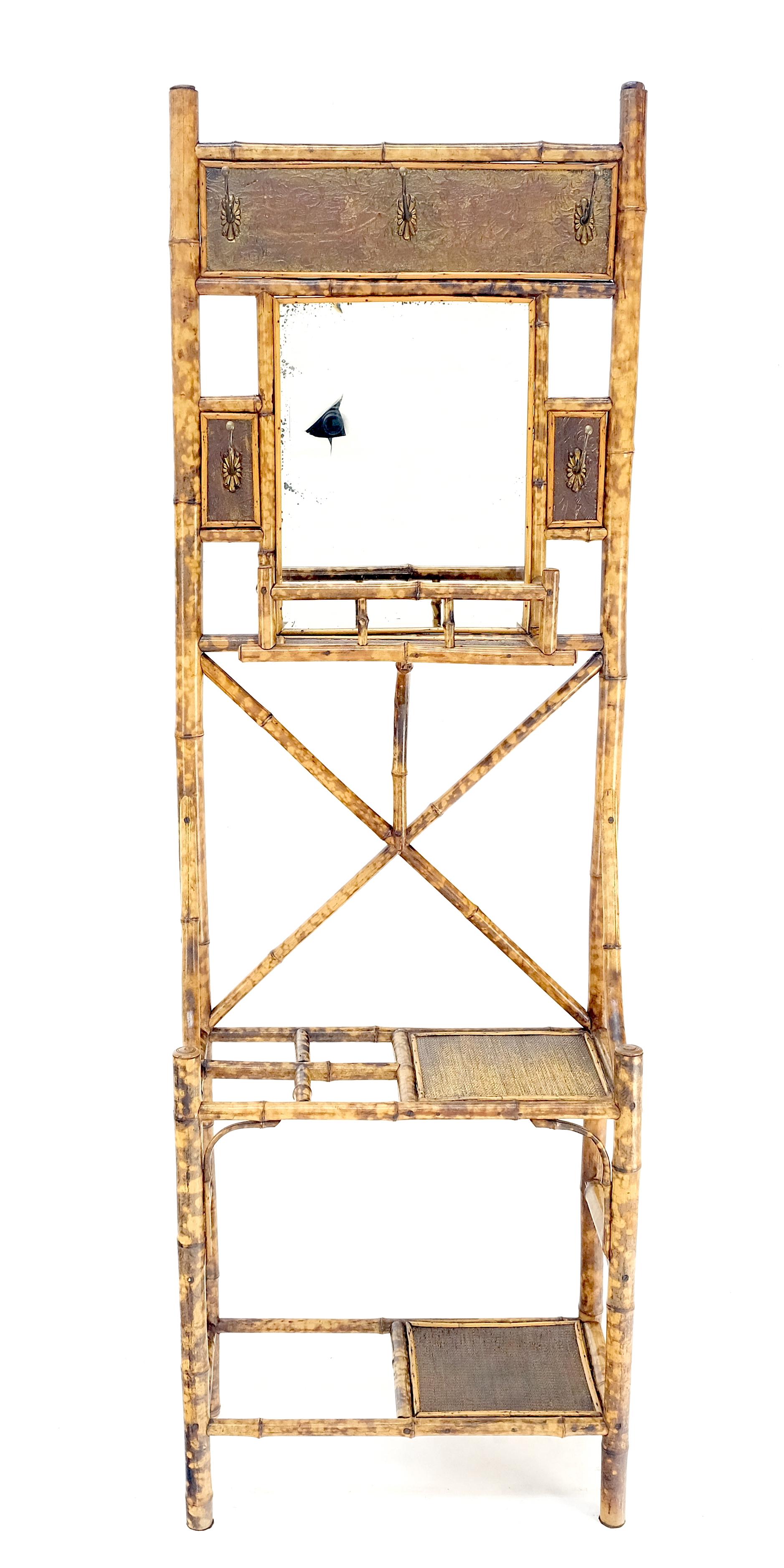 Antique Burnt Bamboo Coat & Umbrella Rack w/ Mirror Very Decorative c1940s For Sale 4