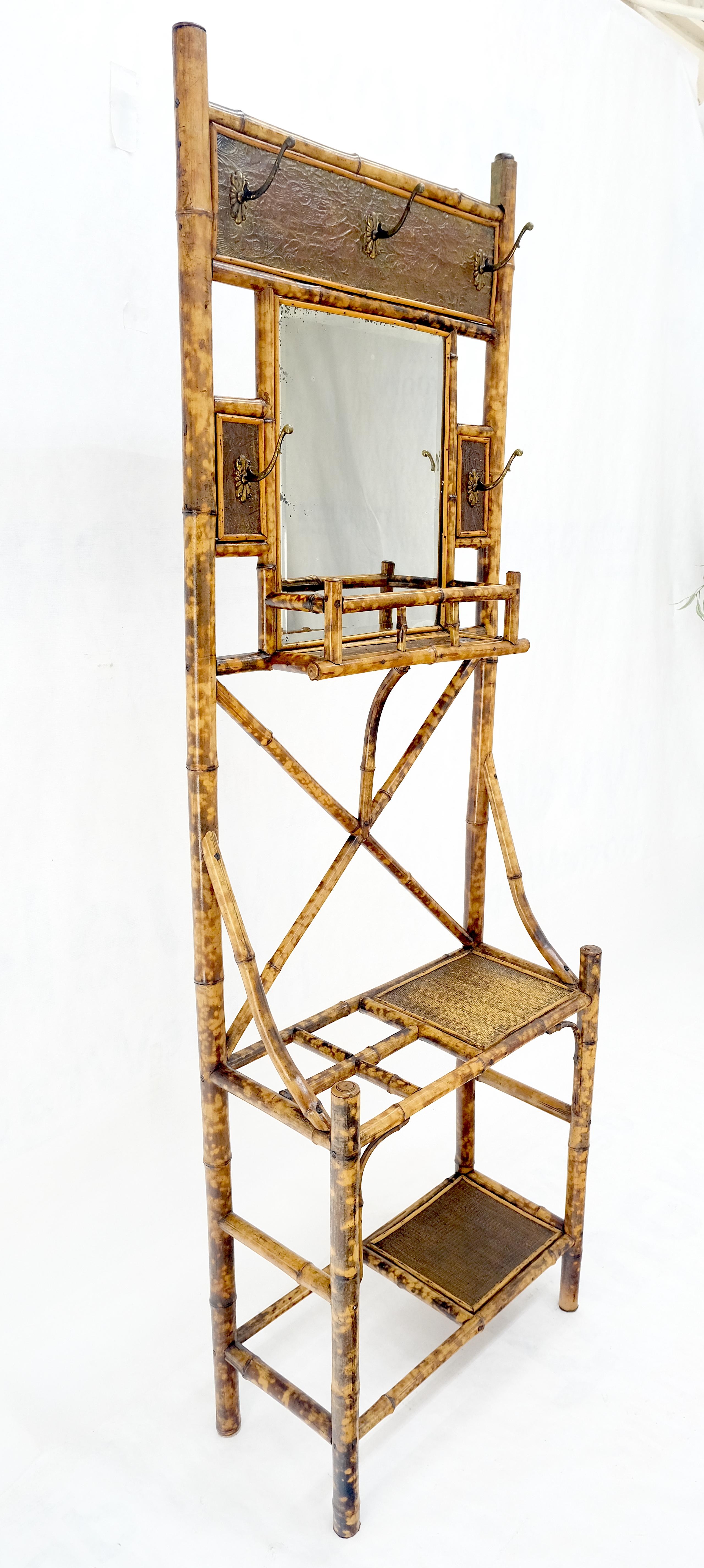 Antique Burnt Bamboo Coat & Umbrella Rack w/ Mirror Very Decorative c1940s For Sale 6