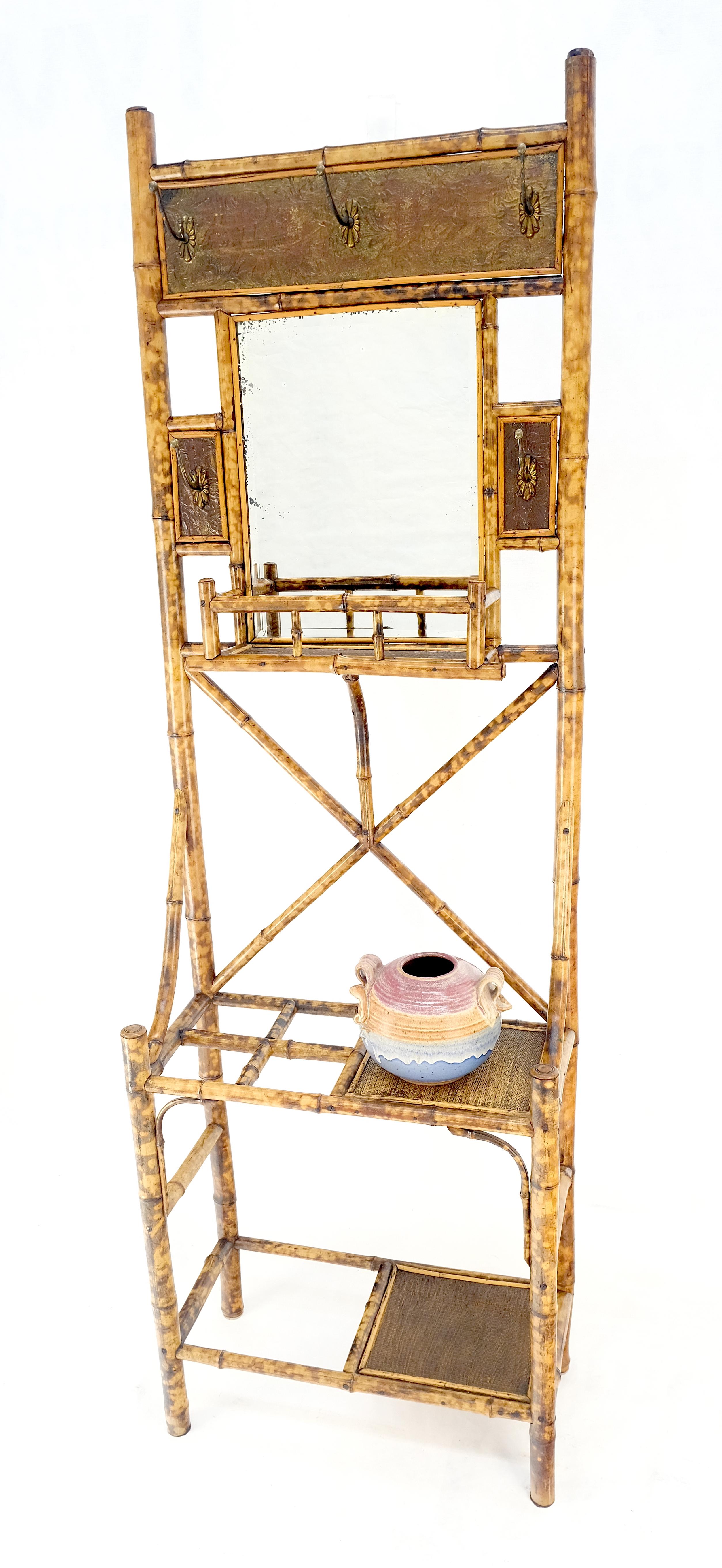 Antique Burnt Bamboo Coat & Umbrella Rack w/ Mirror Very Decorative c1940s For Sale 7