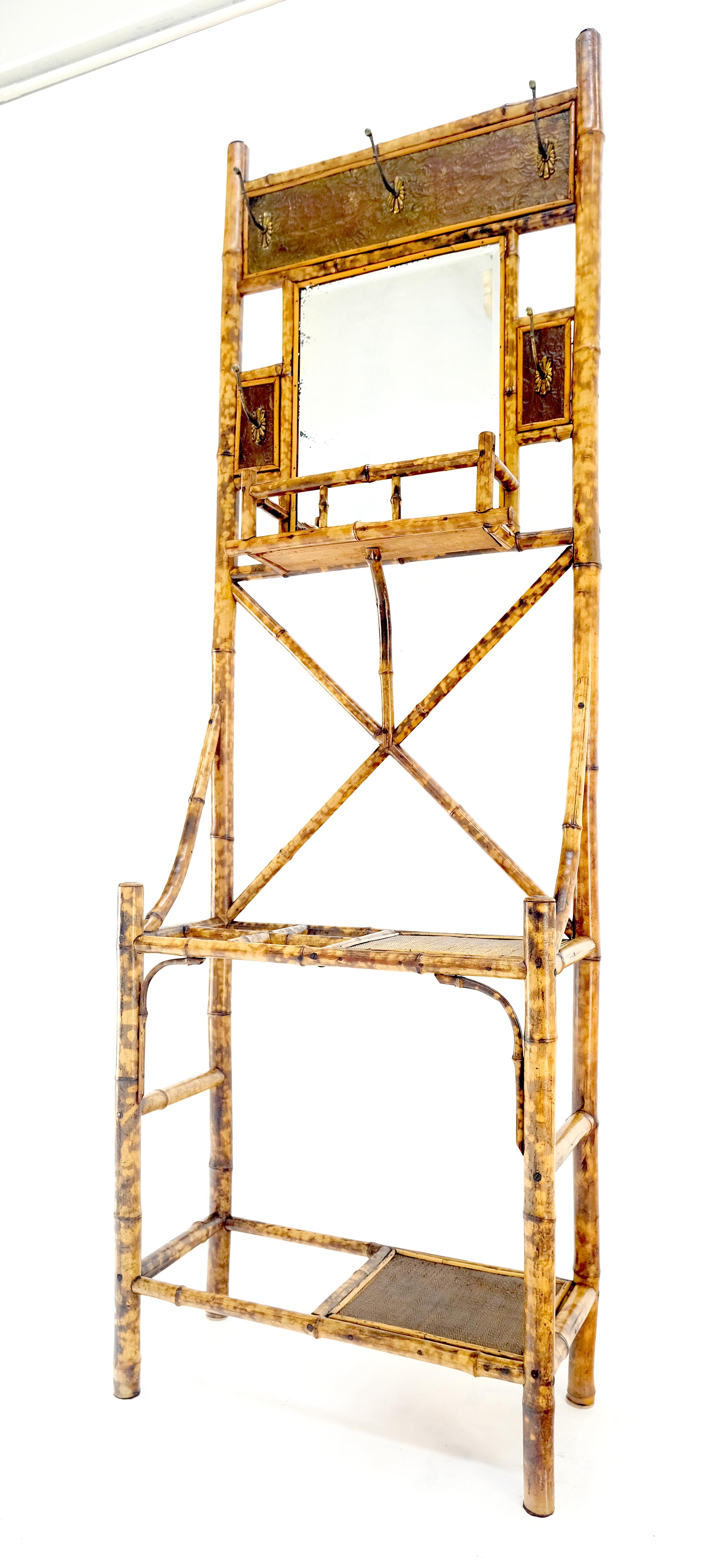 Antique Burnt Bamboo Coat & Umbrella Rack w/ Mirror Very Decorative c1940s For Sale 8