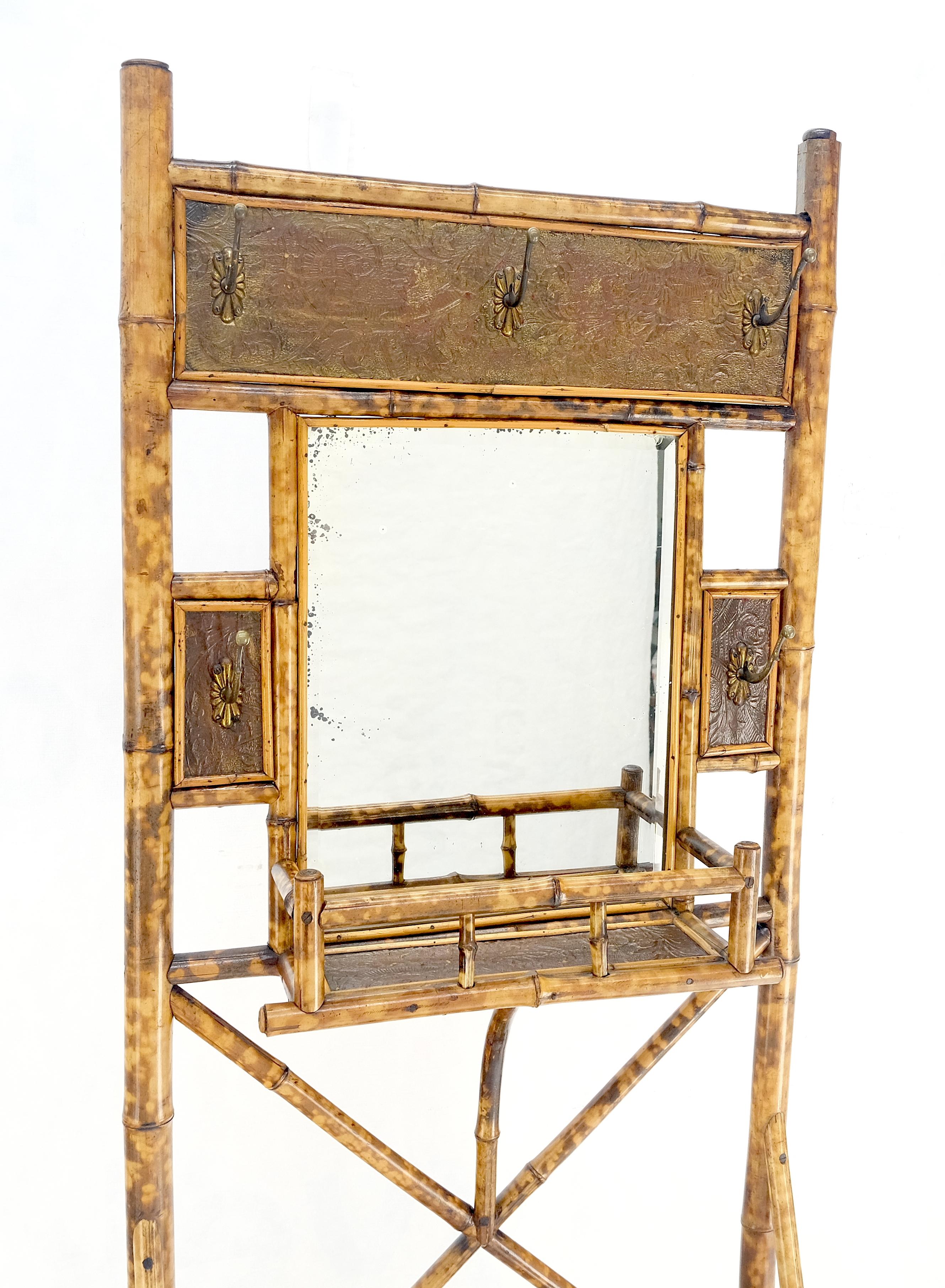 Embossed Antique Burnt Bamboo Coat & Umbrella Rack w/ Mirror Very Decorative c1940s For Sale