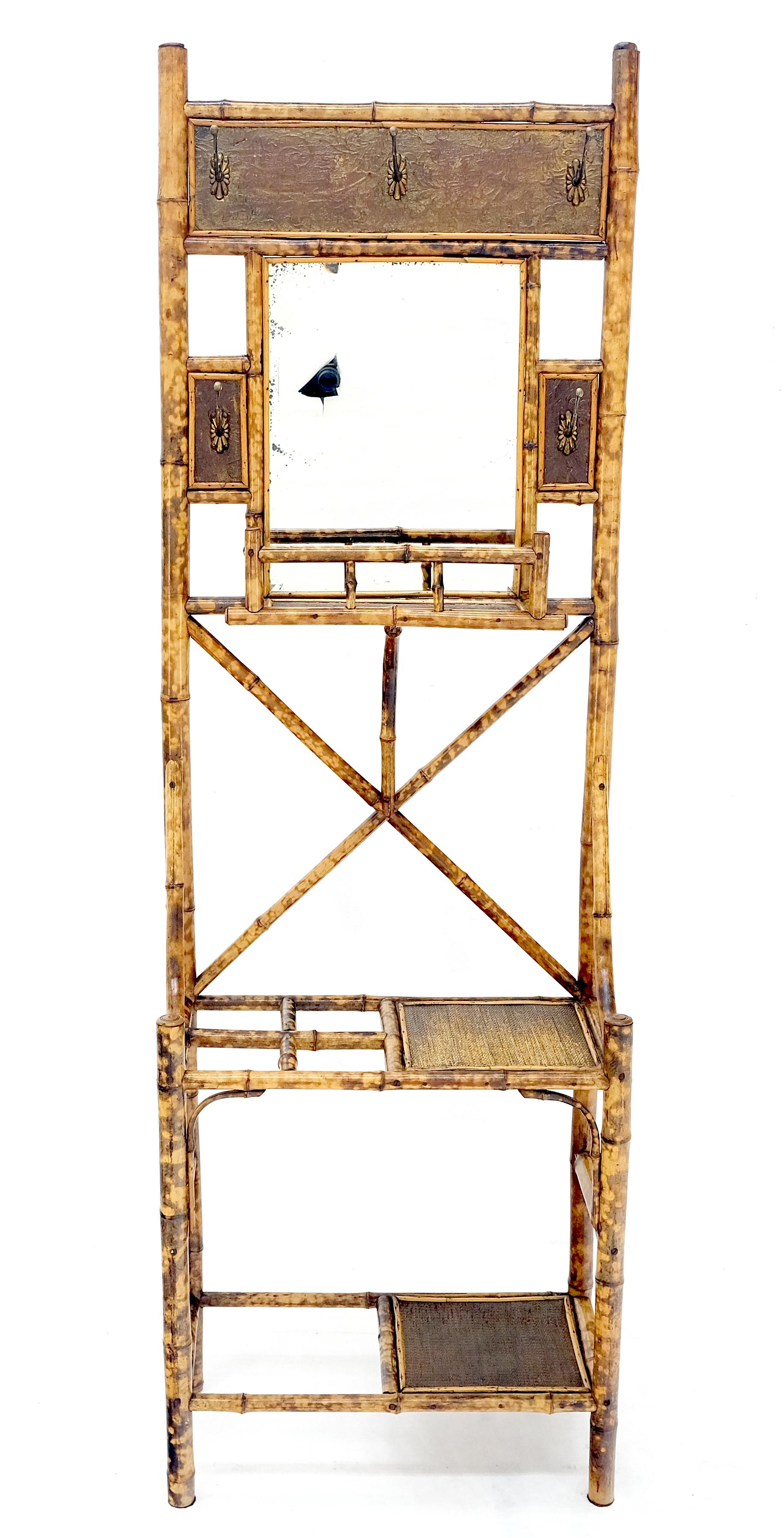 Antique Burnt Bamboo Coat & Umbrella Rack w/ Mirror Very Decorative c1940s In Good Condition For Sale In Rockaway, NJ