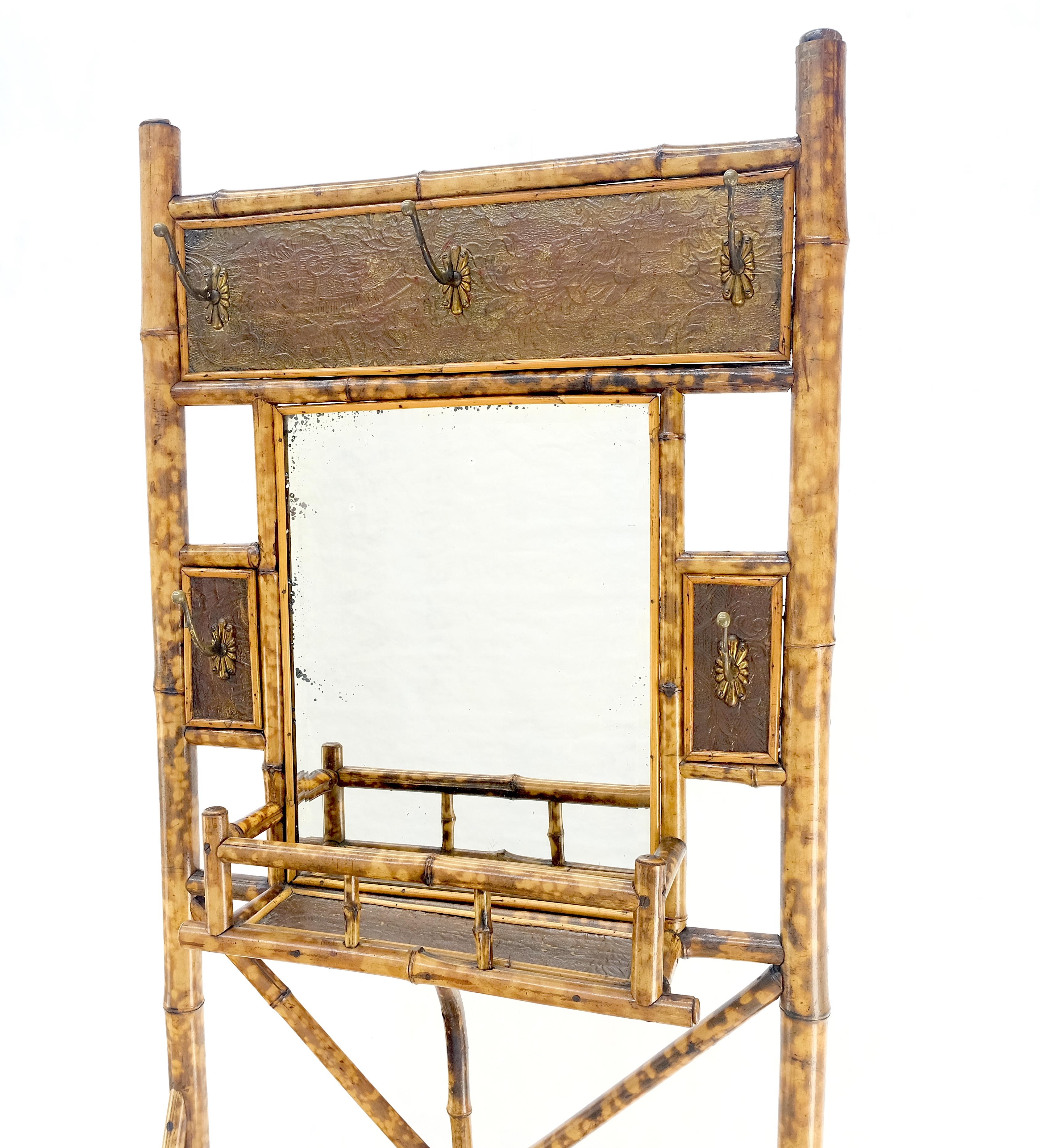 20th Century Antique Burnt Bamboo Coat & Umbrella Rack w/ Mirror Very Decorative c1940s For Sale