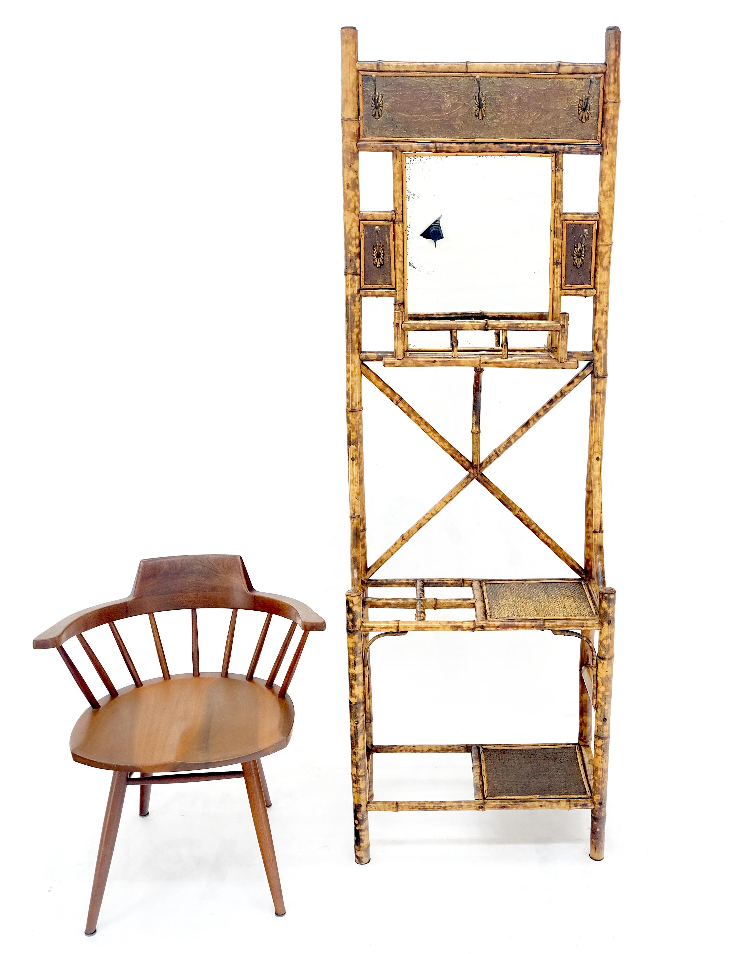 Brass Antique Burnt Bamboo Coat & Umbrella Rack w/ Mirror Very Decorative c1940s For Sale
