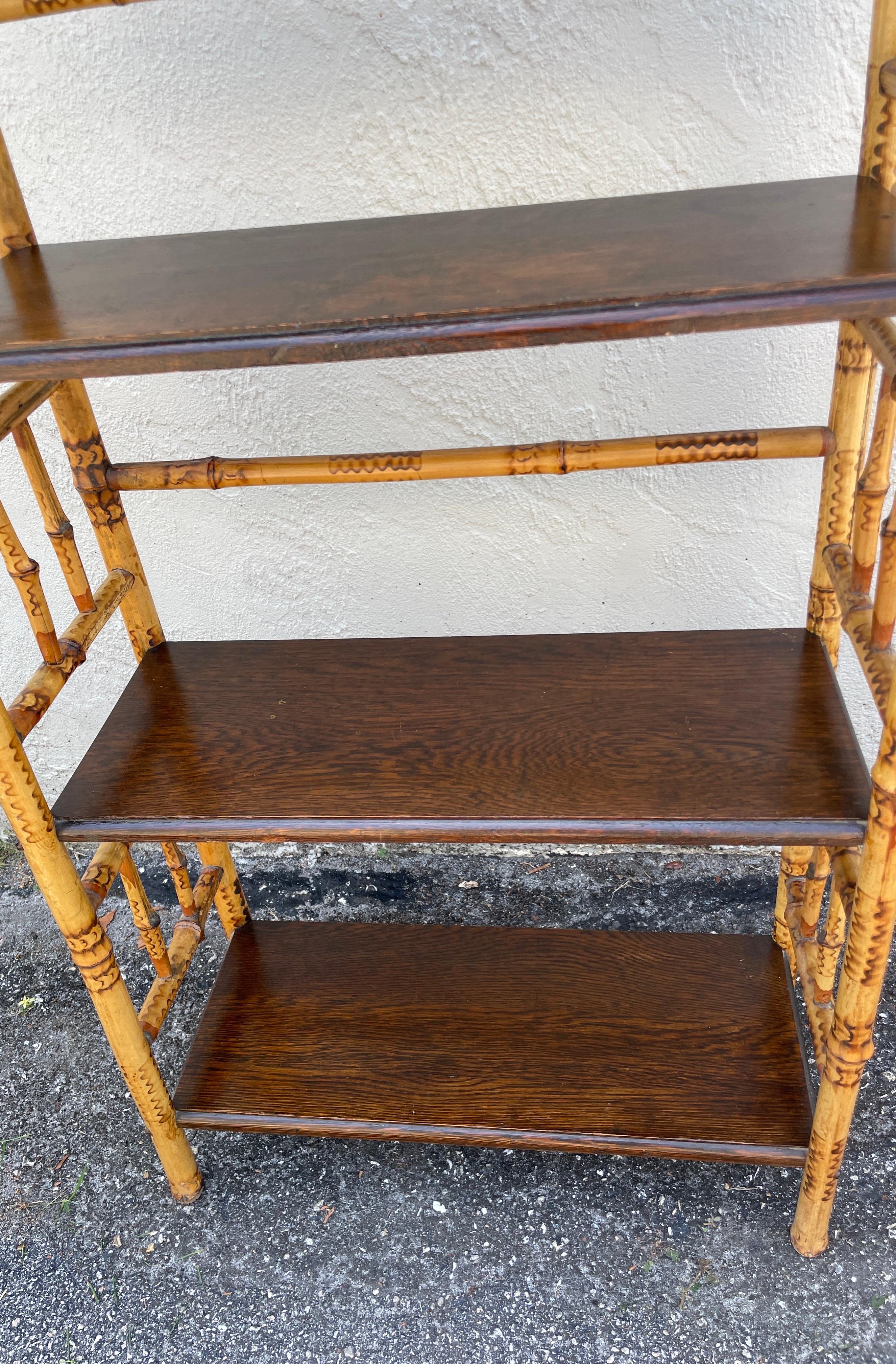 English Antique Burnt Bamboo Etagere with Four Shelves For Sale