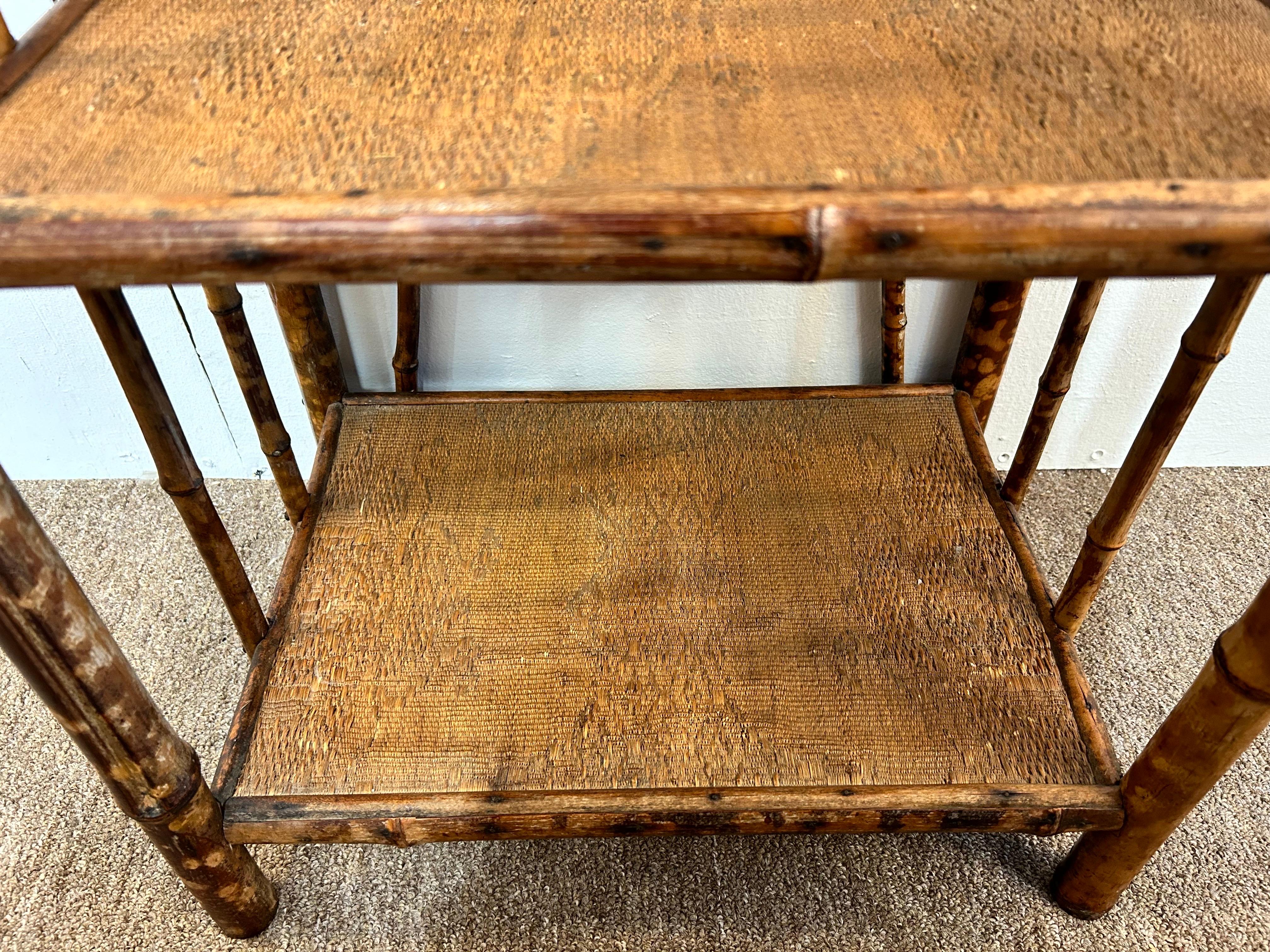 Antique Burnt Bamboo Four Shelf Etagere Stand with Grooved Ball Design Knobs For Sale 5