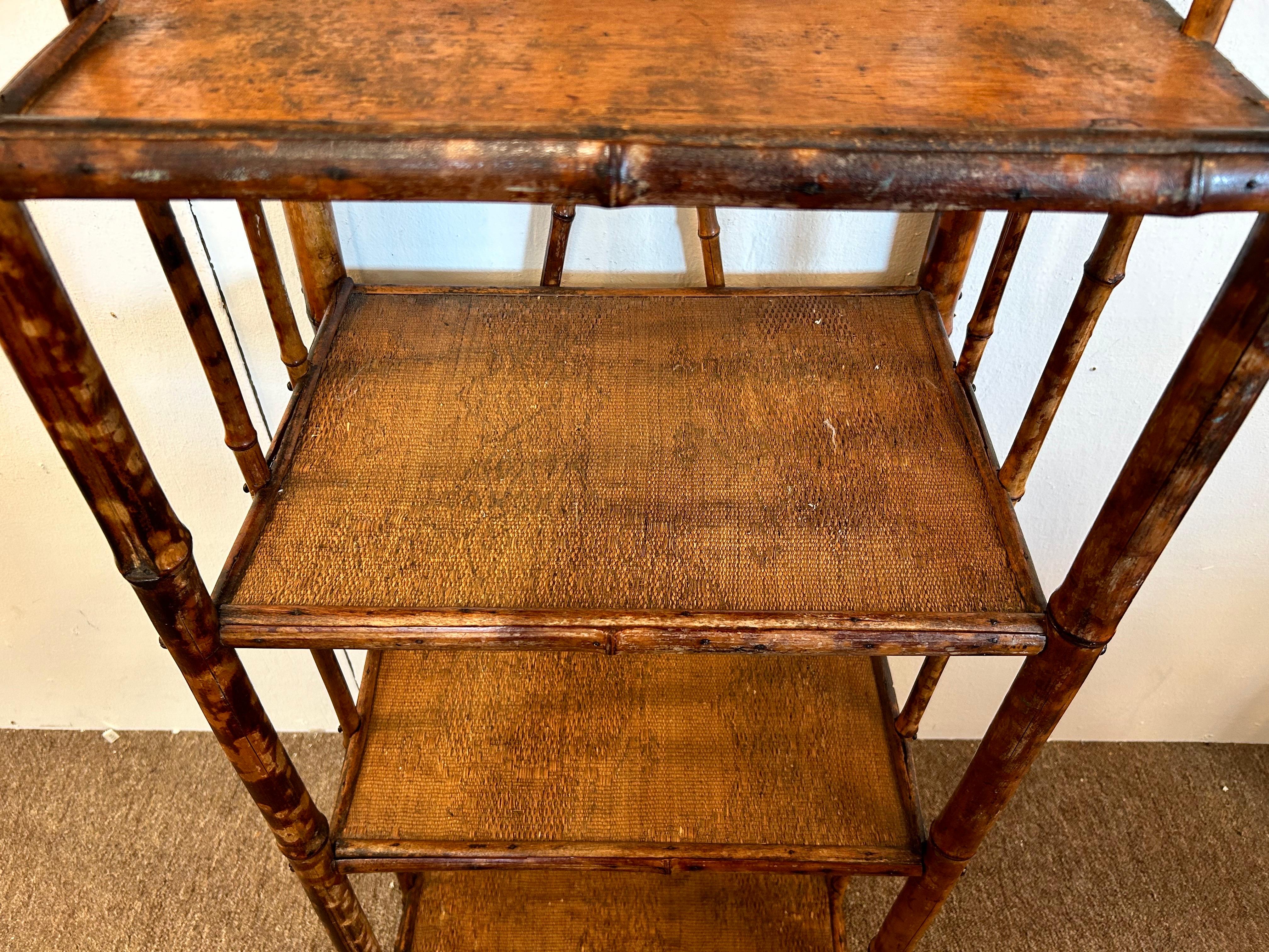 Antique Burnt Bamboo Four Shelf Etagere Stand with Grooved Ball Design Knobs For Sale 6