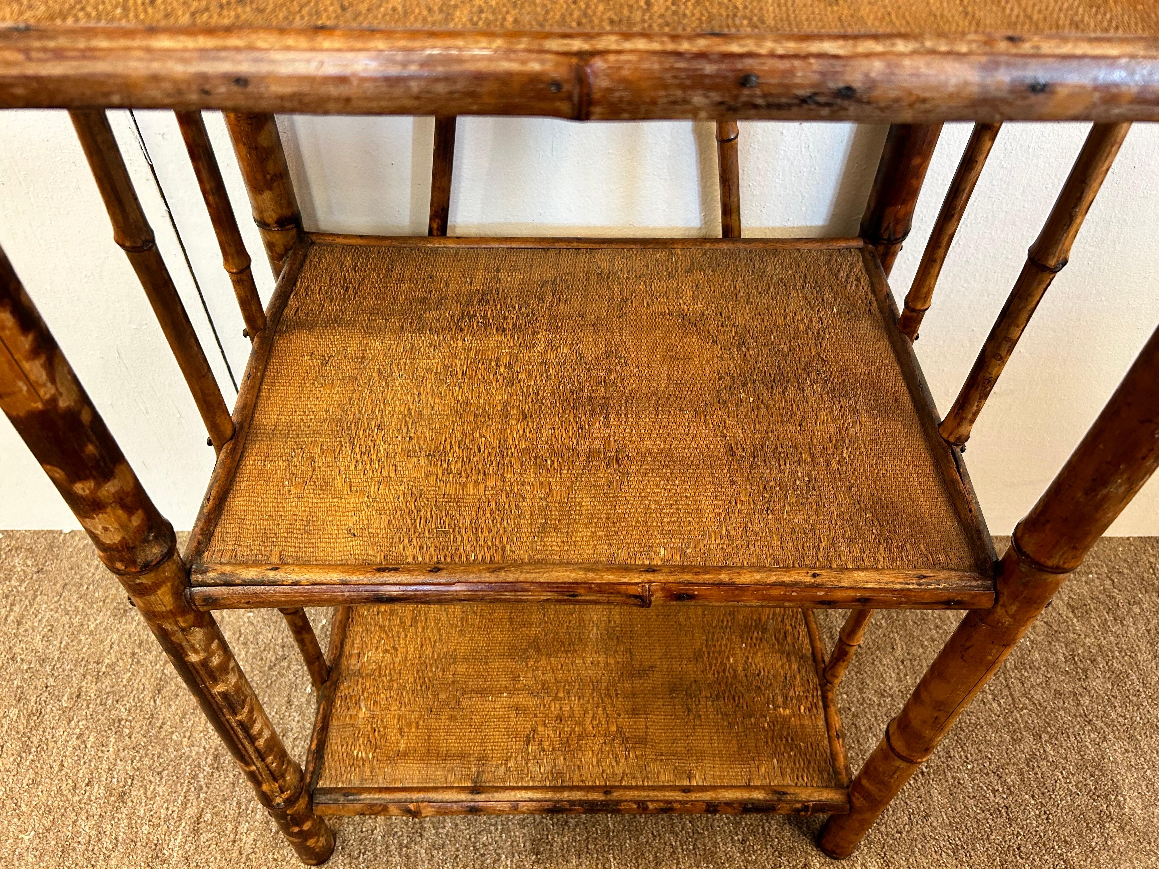 Antique Burnt Bamboo Four Shelf Etagere Stand with Grooved Ball Design Knobs For Sale 7