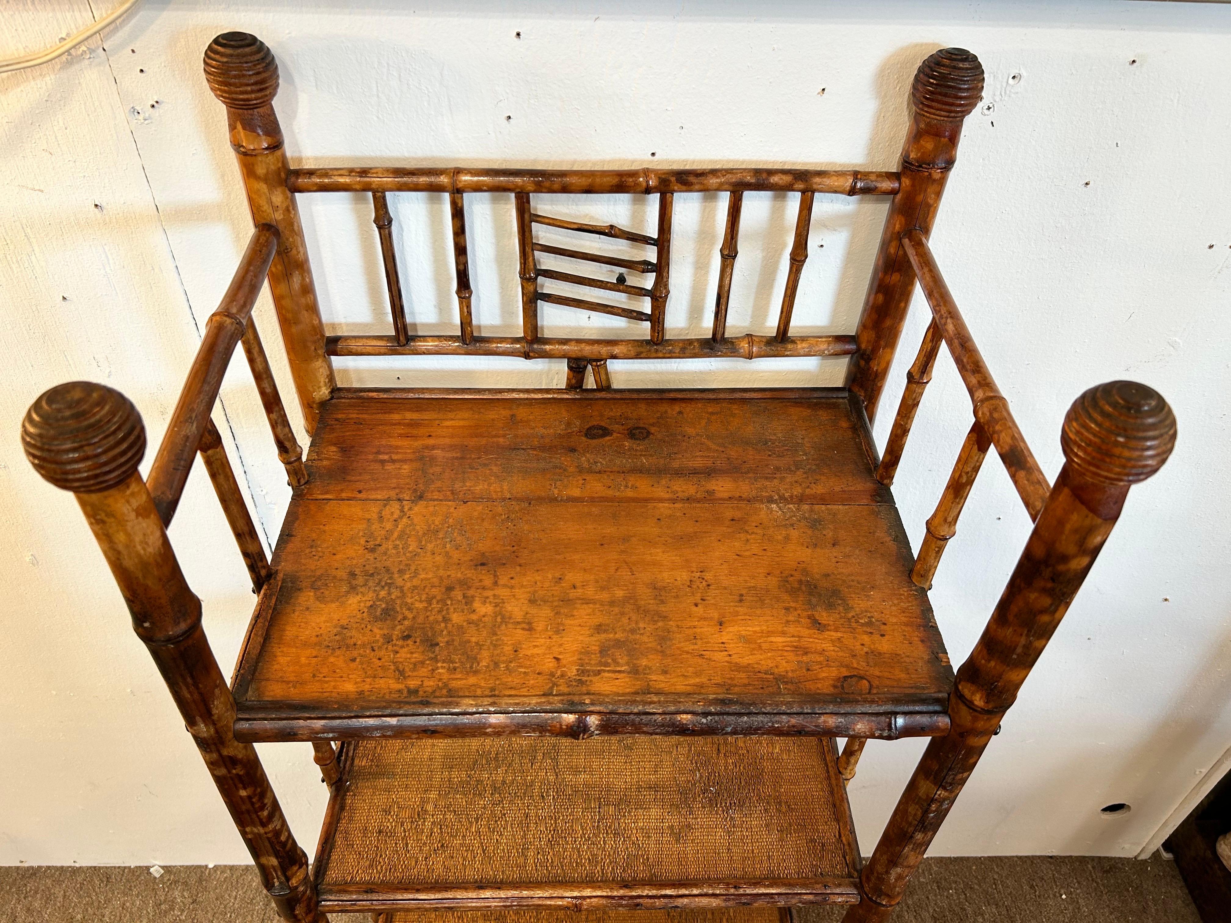 Antique Burnt Bamboo Four Shelf Etagere Stand with Grooved Ball Design Knobs For Sale 8