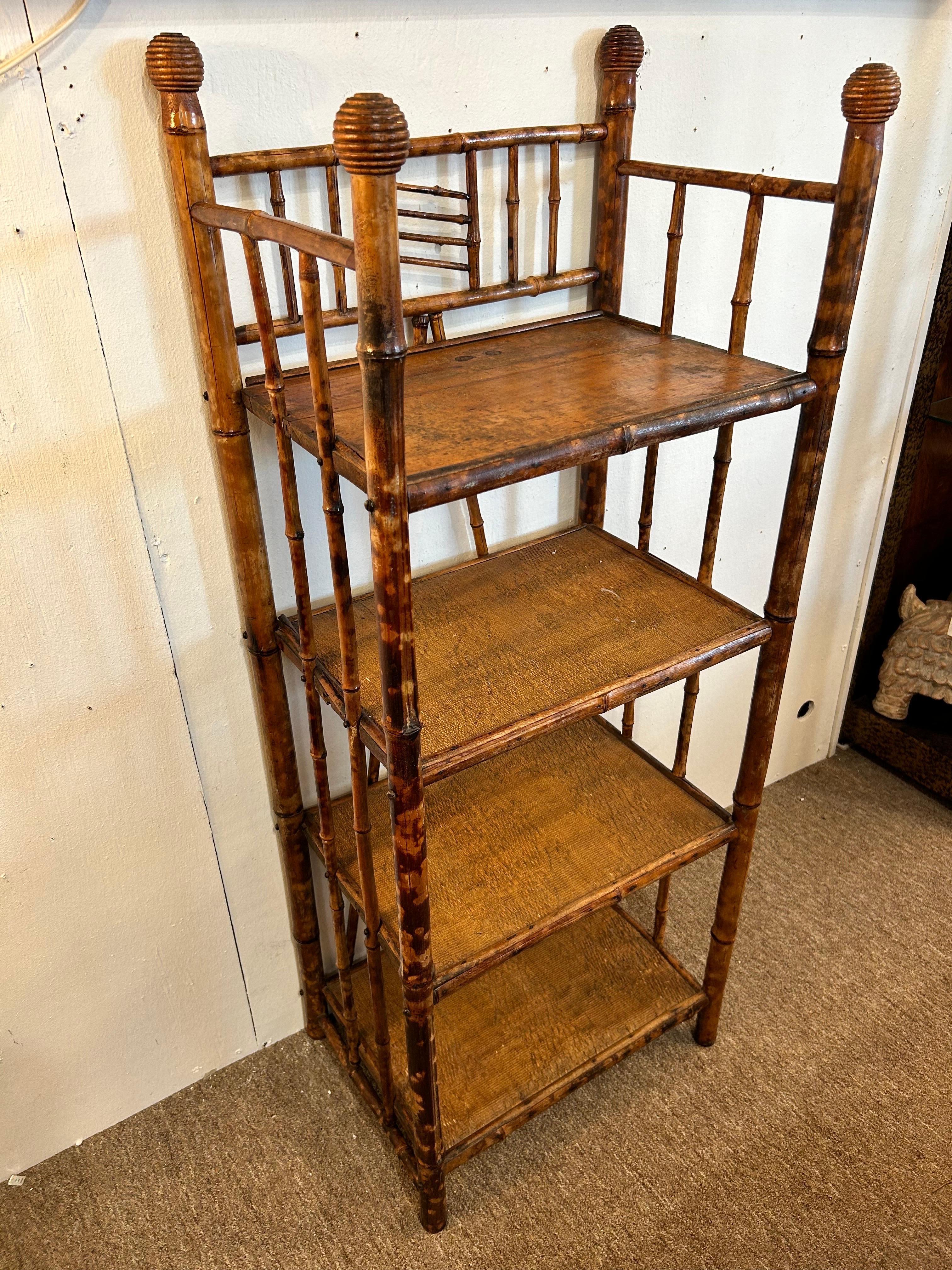 Antique Burnt Bamboo Four Shelf Etagere Stand with Grooved Ball Design Knobs For Sale 9