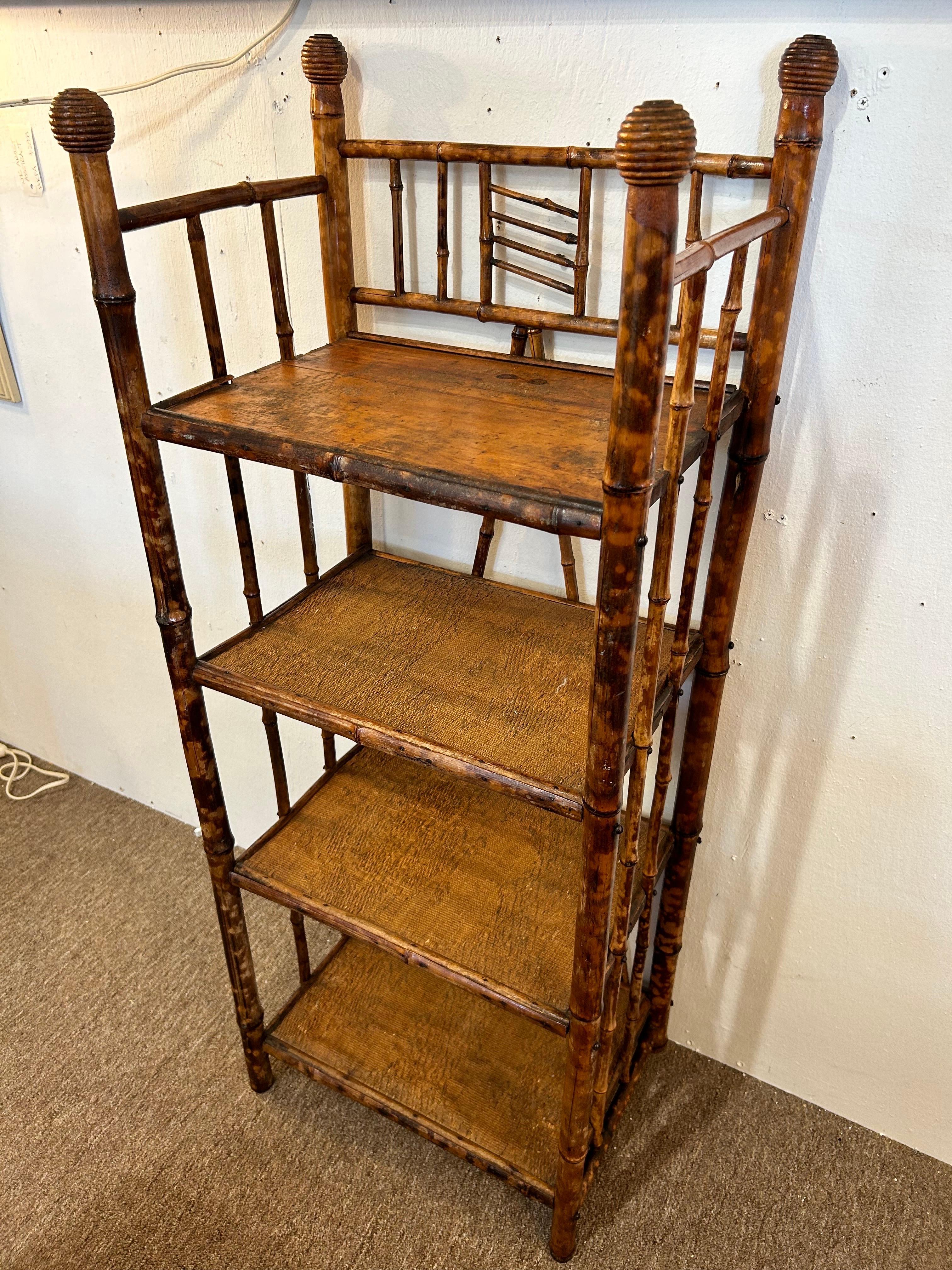 Antique Burnt Bamboo Four Shelf Etagere Stand with Grooved Ball Design Knobs For Sale 10