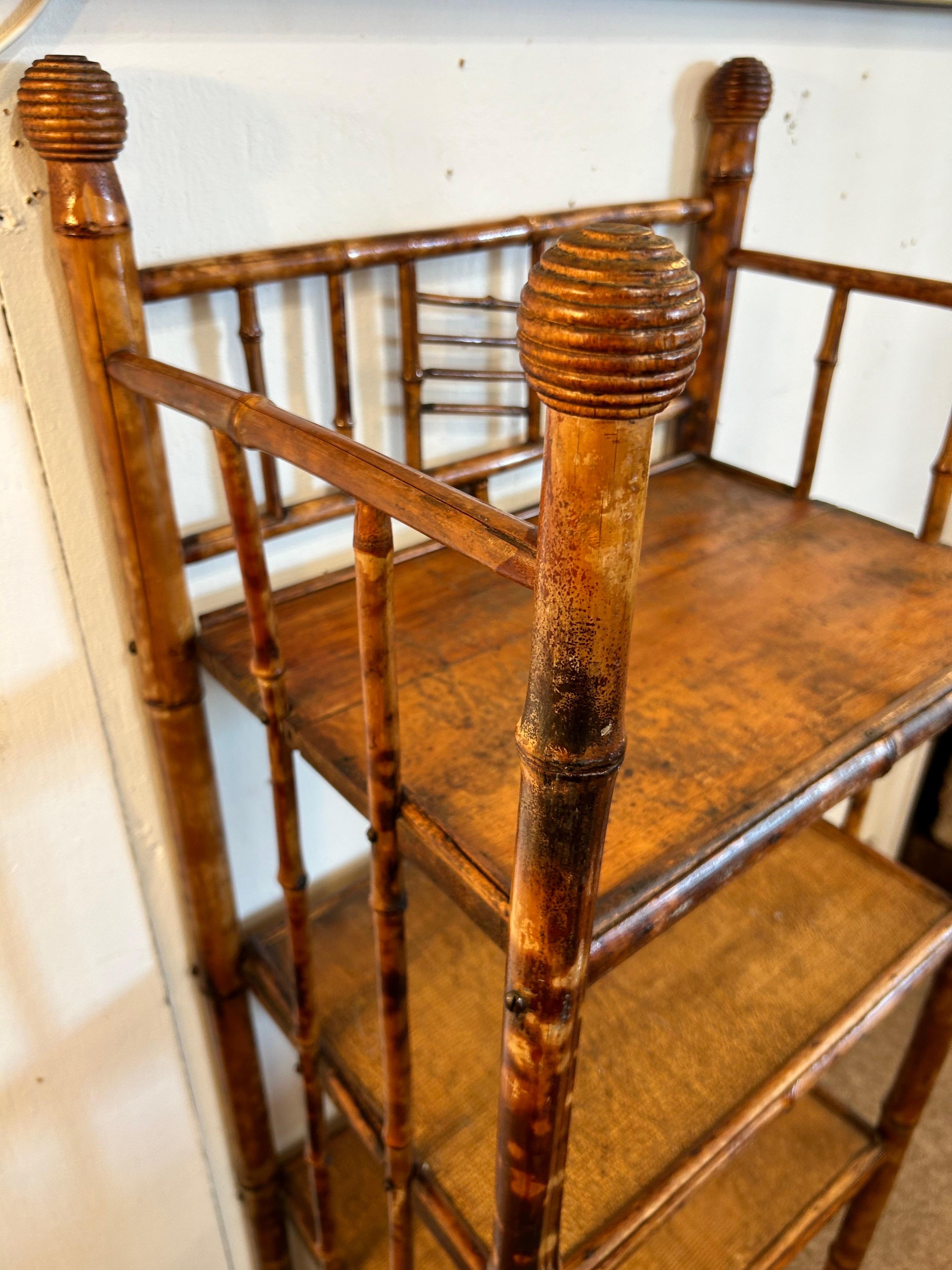 American Antique Burnt Bamboo Four Shelf Etagere Stand with Grooved Ball Design Knobs For Sale