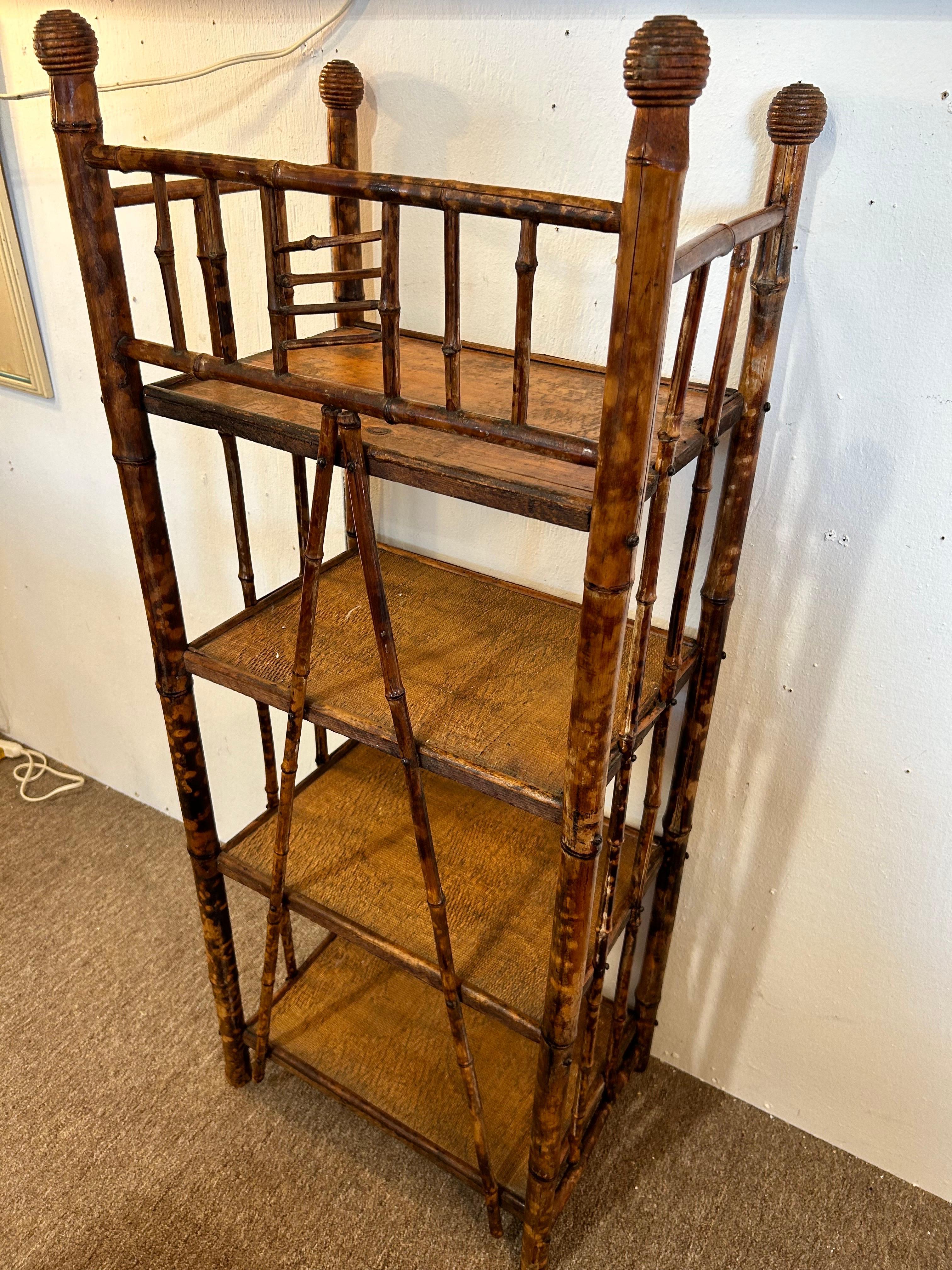 Antique Burnt Bamboo Four Shelf Etagere Stand with Grooved Ball Design Knobs In Good Condition For Sale In Atlanta, GA