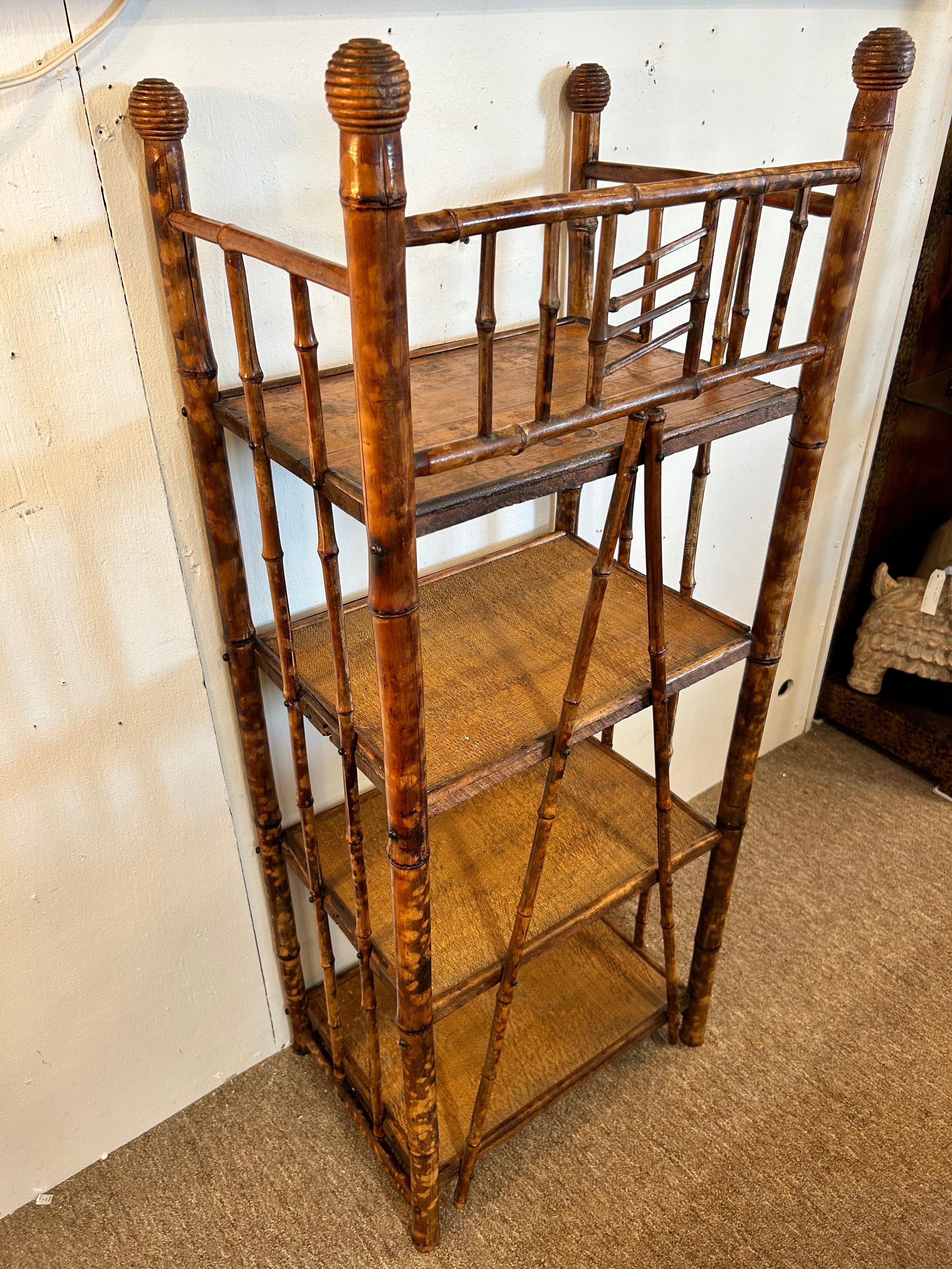 19th Century Antique Burnt Bamboo Four Shelf Etagere Stand with Grooved Ball Design Knobs For Sale