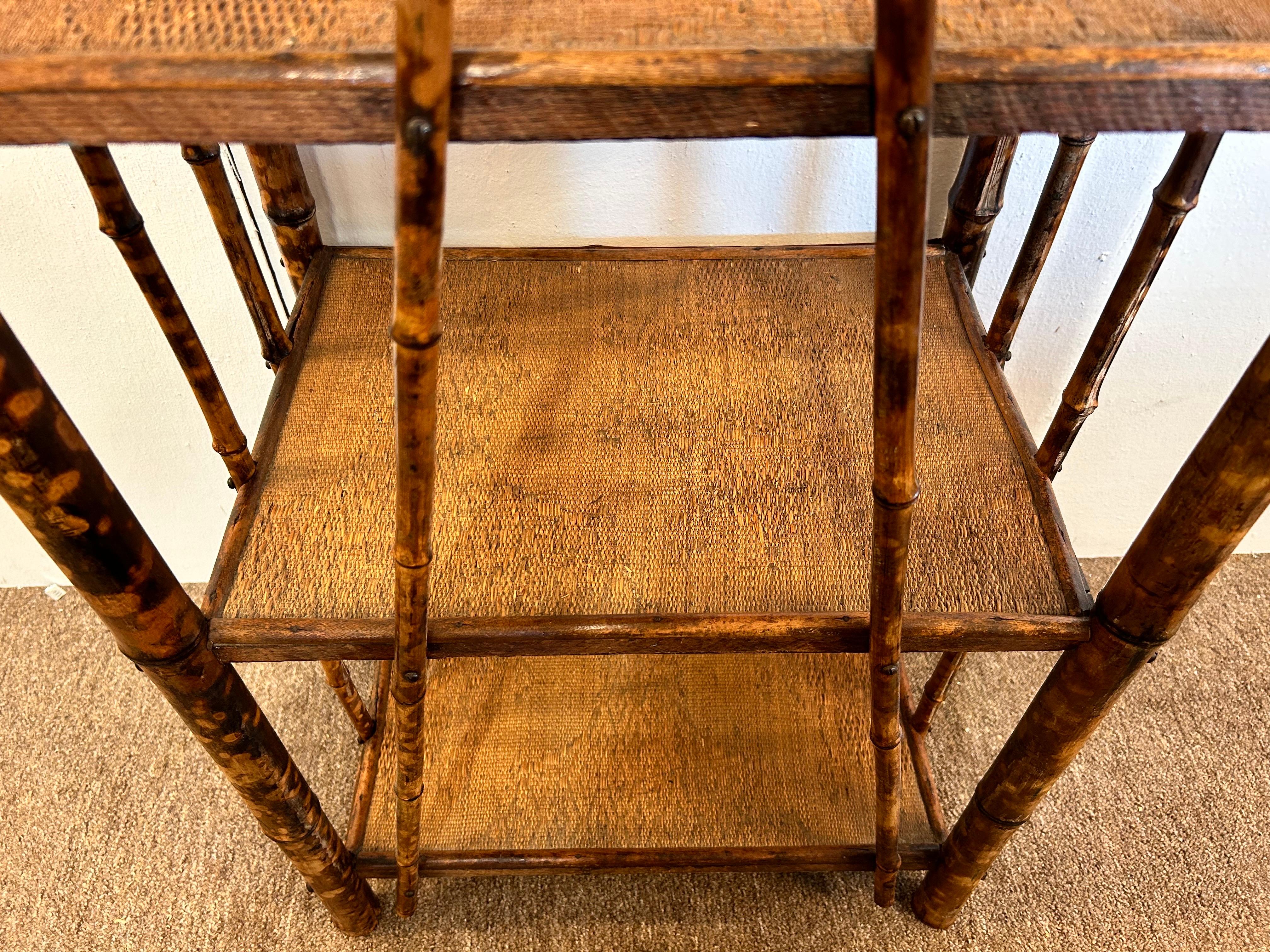 Antique Burnt Bamboo Four Shelf Etagere Stand with Grooved Ball Design Knobs For Sale 1