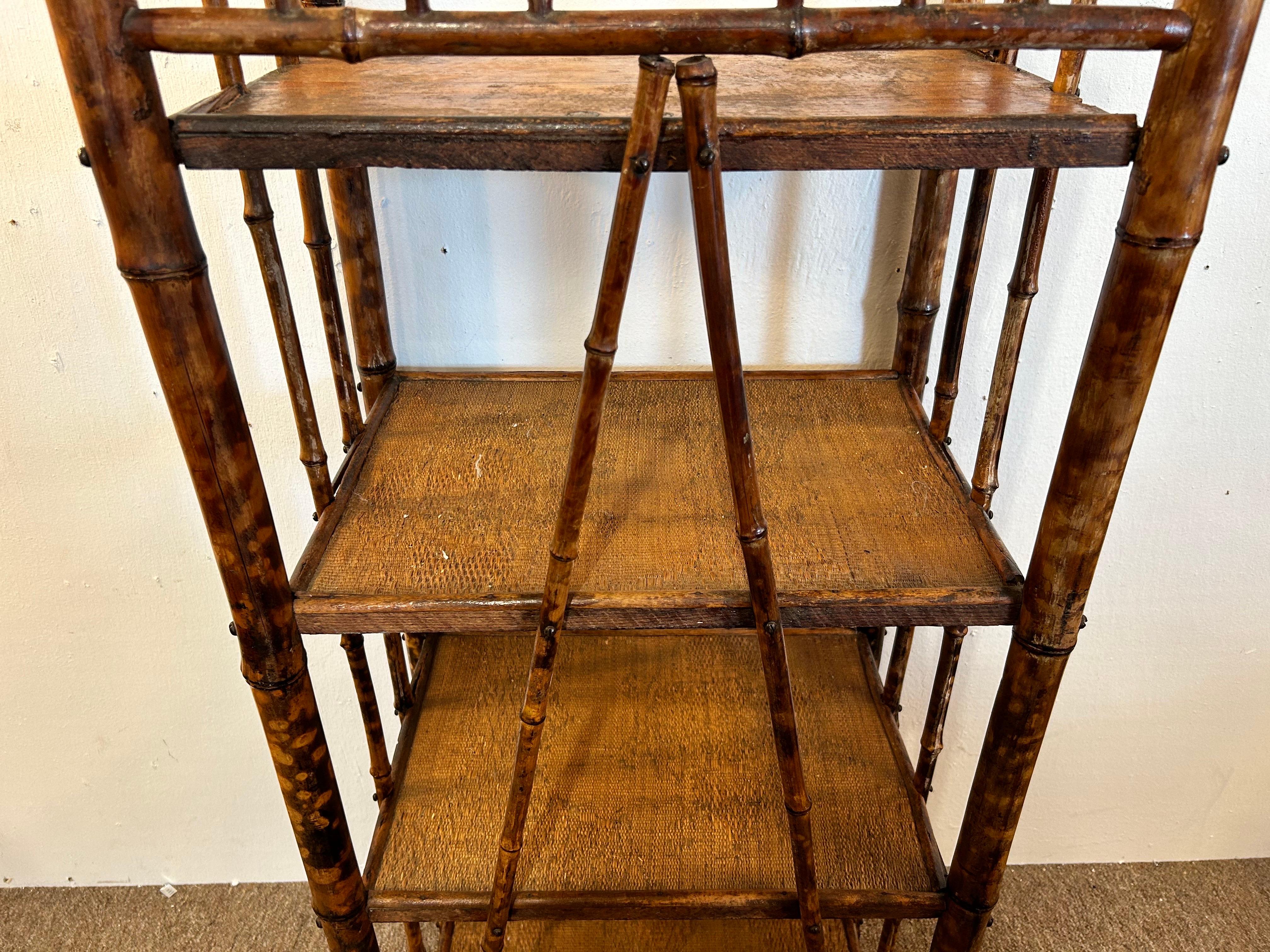 Antique Burnt Bamboo Four Shelf Etagere Stand with Grooved Ball Design Knobs For Sale 2