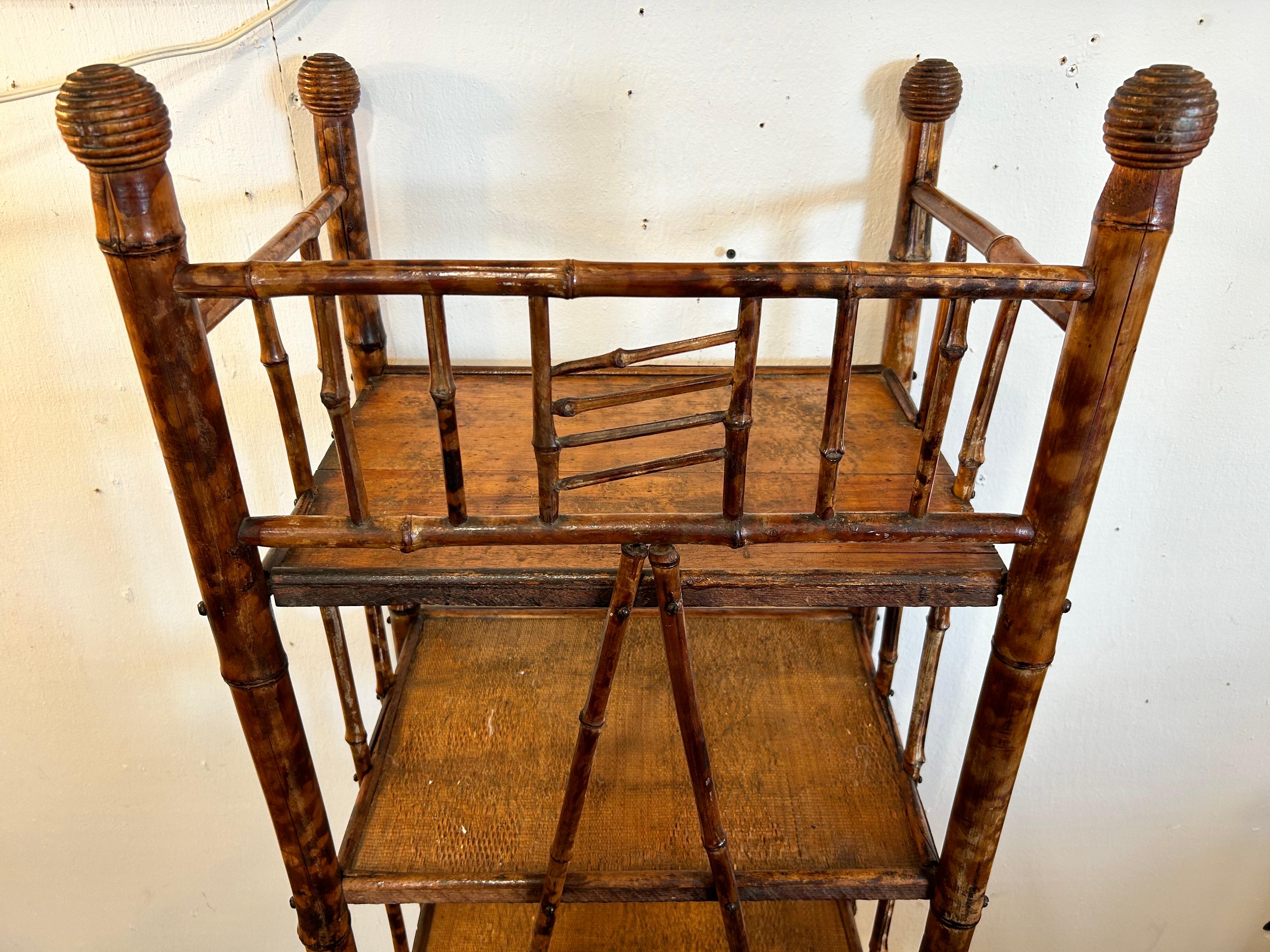 Antique Burnt Bamboo Four Shelf Etagere Stand with Grooved Ball Design Knobs For Sale 3