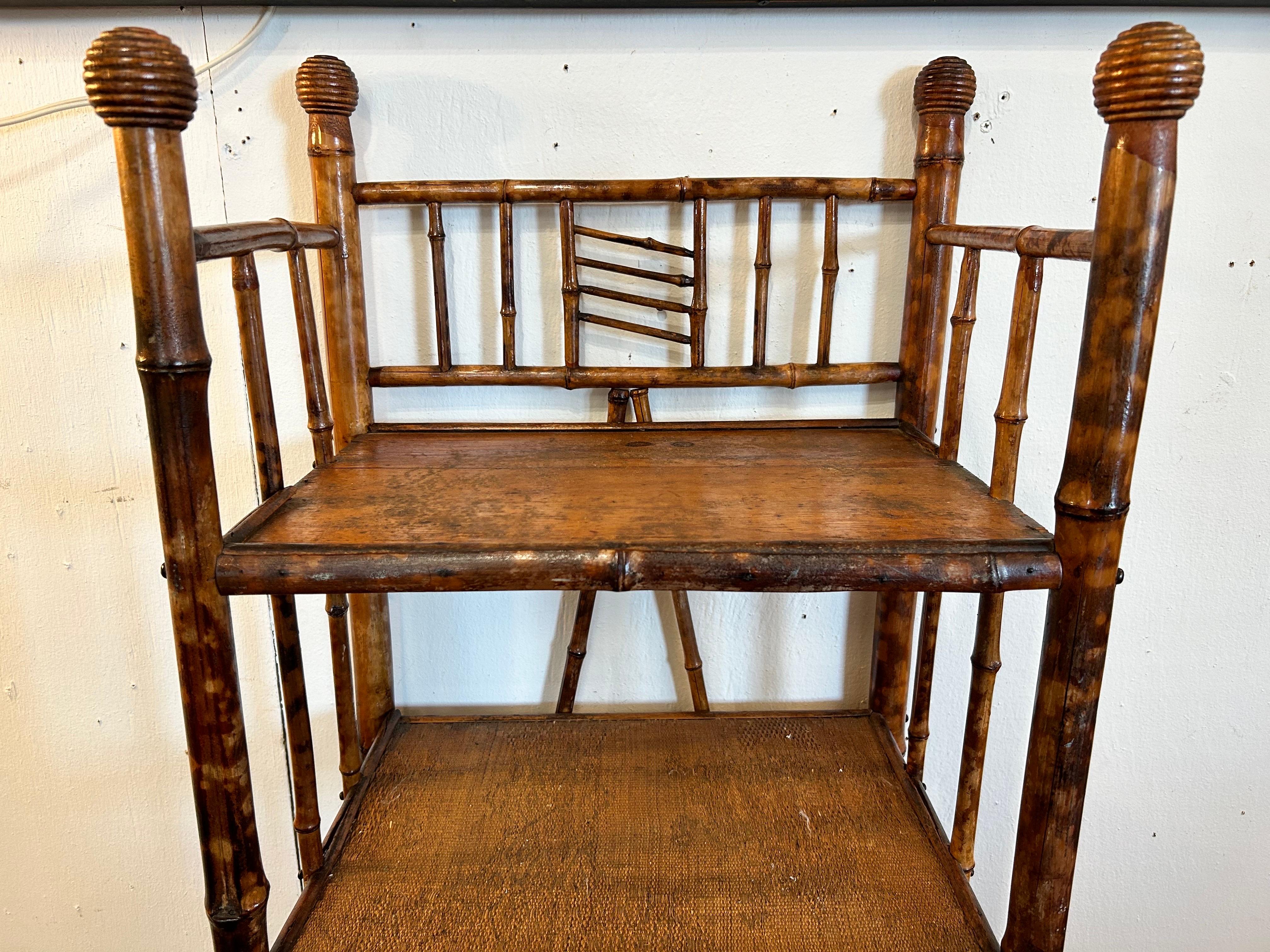 Antique Burnt Bamboo Four Shelf Etagere Stand with Grooved Ball Design Knobs For Sale 4