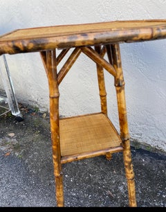 19th Century Antique Burnt Bamboo and Raffia Side Table, Ca. 1880s