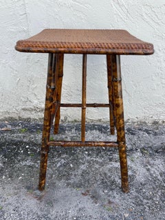 Antique Burnt Bamboo Side Table with Grass Cloth Top, Circa 1880
